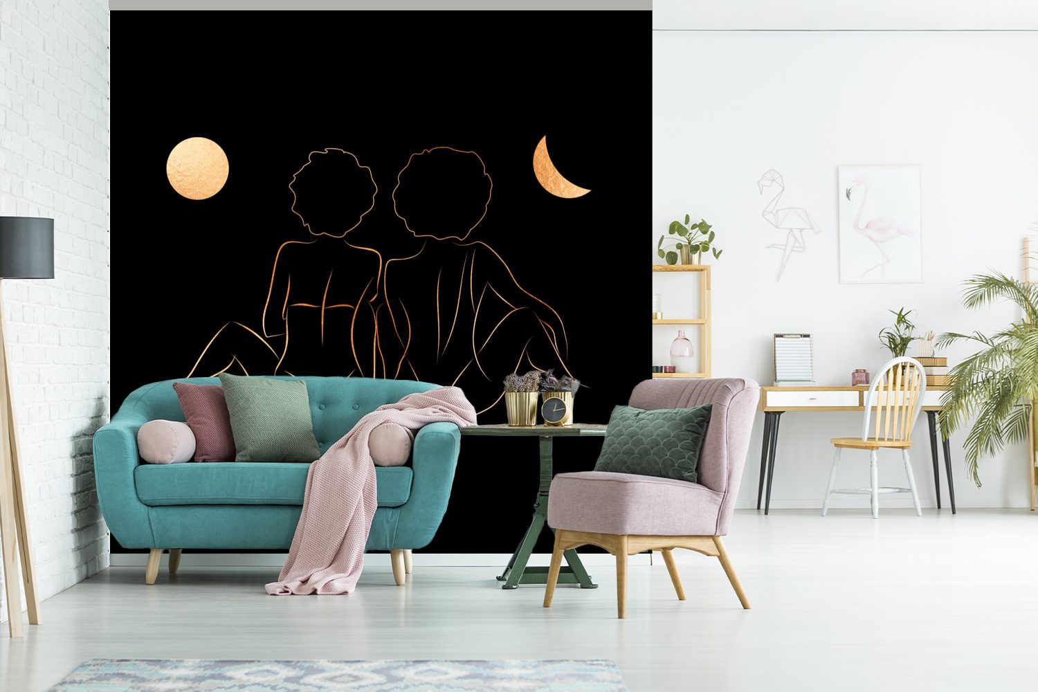 Wandtapete Schlafzimmer, Vinyl - für bedruckt, - Wohnzimmer Strichzeichnung, Tapete - (5 Frauen oder Fototapete Matt, Mond Gold St), MuchoWow