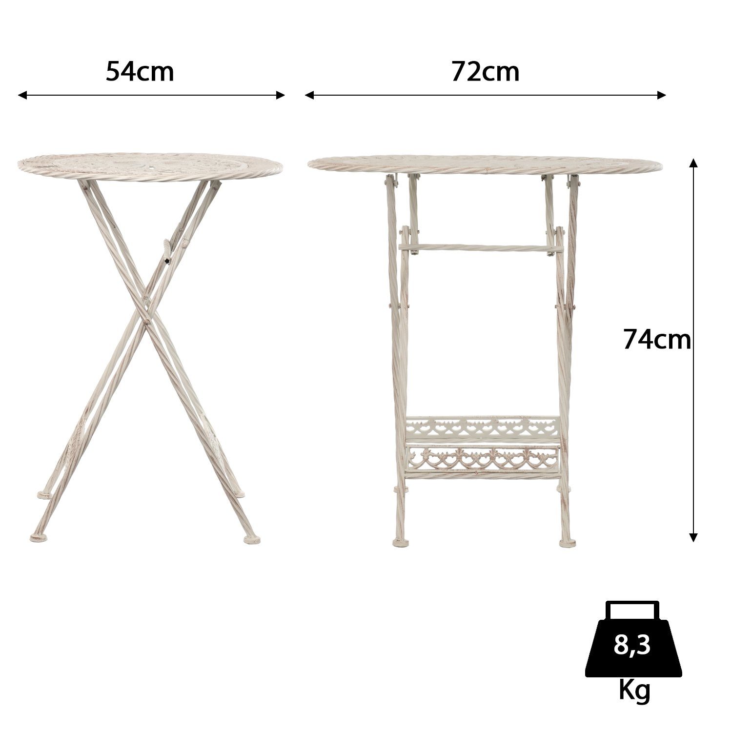 Bistrostühle Paradiso Essgruppe aus Balkonmöbel Bistrotisch Moritz Gartendeko weiß Bistro-Set 3-teilig, Gusseisen Set