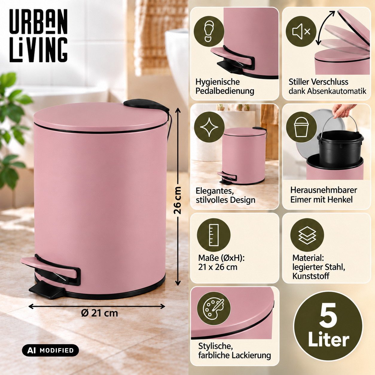 Urban Living Kosmetikeimer 5 Liter Badeimer Tret-Mülleimer Abfalleimer Tretpedeal Tretmülleimer, Absenkautomatik, Hygienische Pedalbedienung – Bild 2 von 4