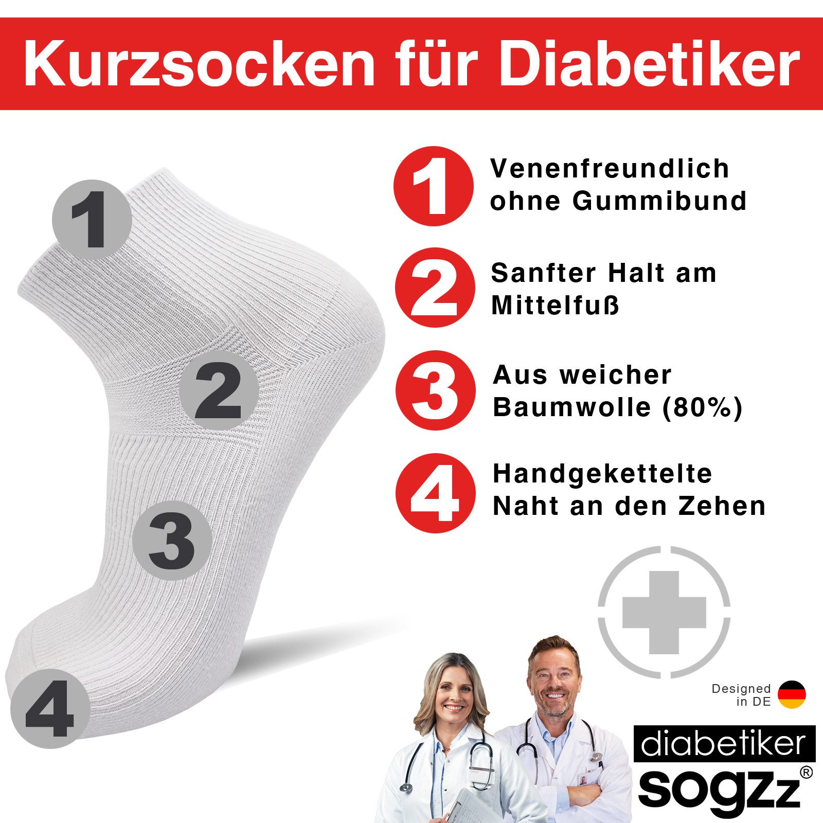 sogzz Diabetikersocken 6-12 Paar Kurzsocken ohne Gummi ohne Naht 80% Baumwolle Damen Herren (Diabetiker Socken kurz ohne Gummibund, 6-Paar)
