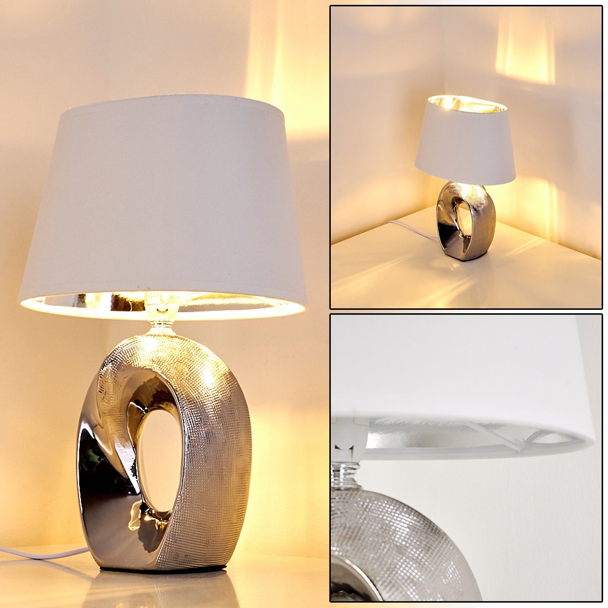 Lese Nacht Tisch Lampen Keramik silber Schlaf Wohn Zimmer Leuchten Stoff weiß 