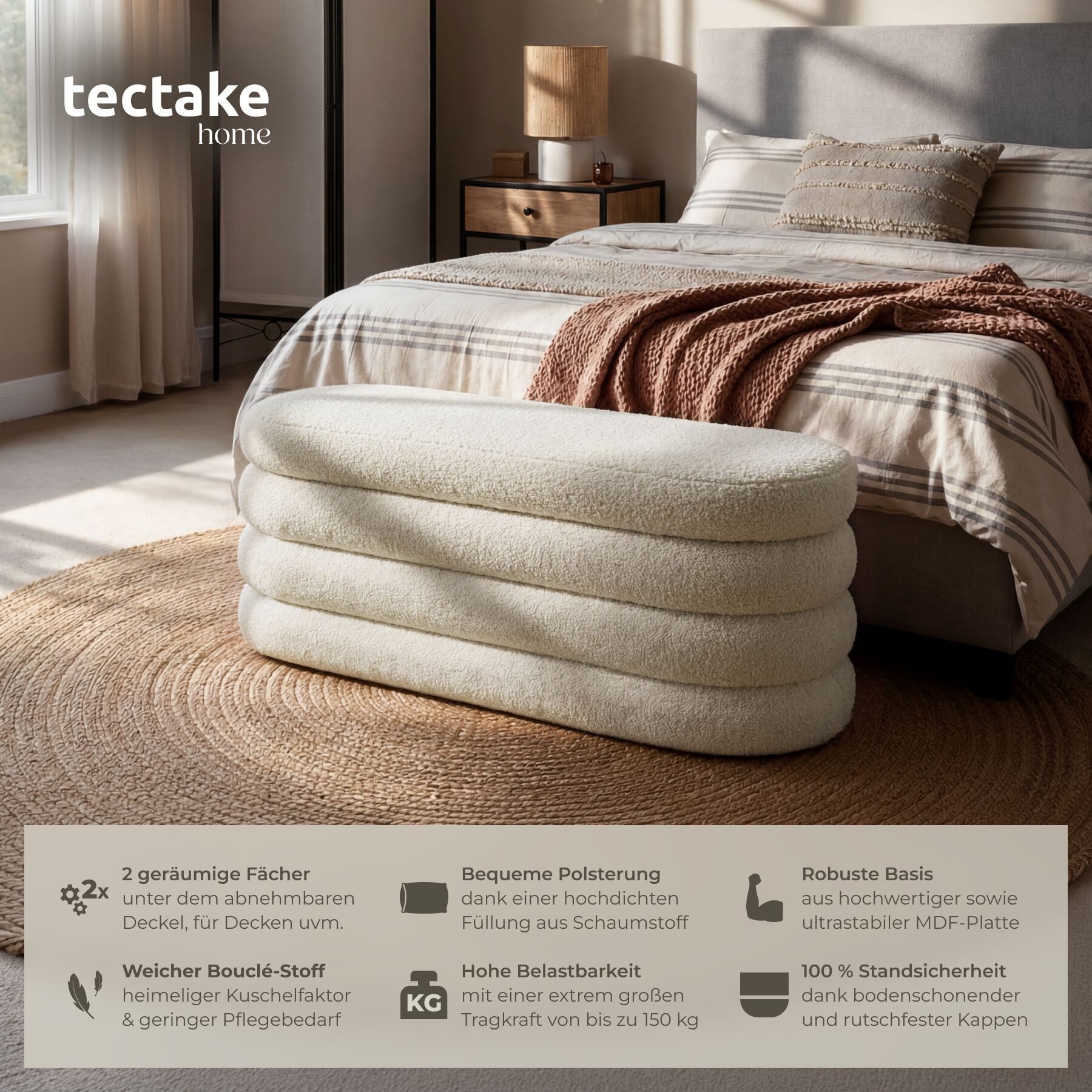 tectake Bank Polsterbank Altu mit großem Stauraum, 110 x 45 x 42 cm (Sitzbank, 1-St. Bouclé Creme-Weiß), bodenschonende Kunststoffkappen, Belastbarkeit 150 kg