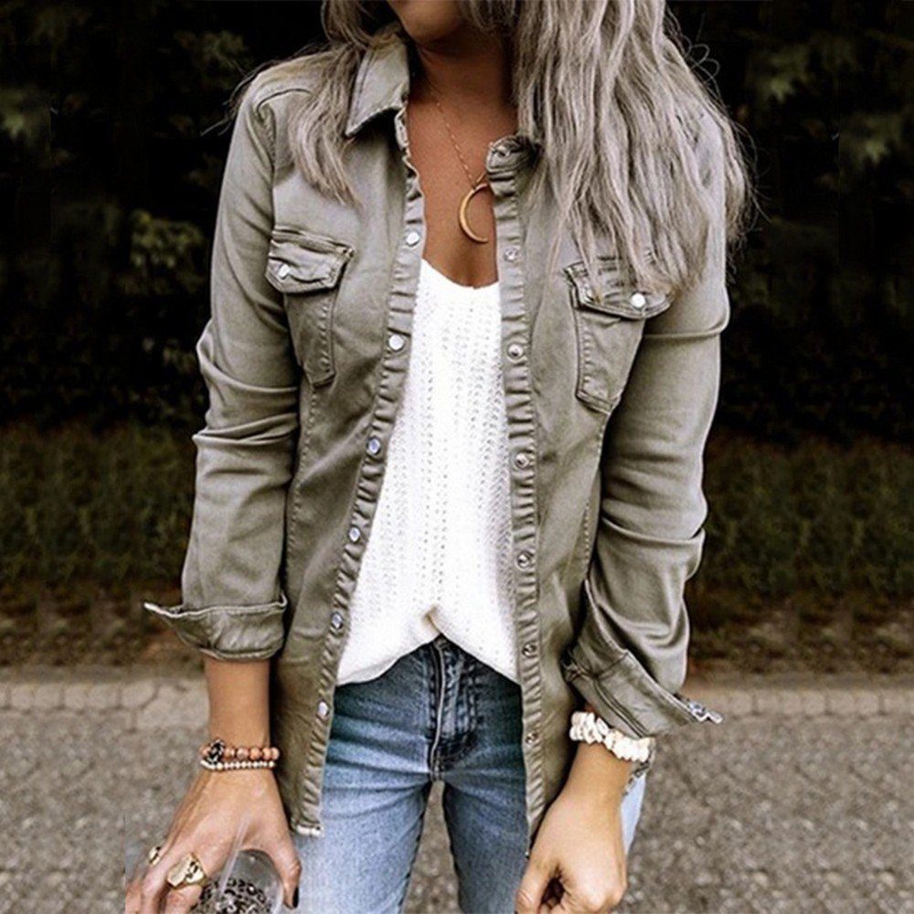 AFAZ New Trading UG Hemdjacke Damen Modische Jeans Oberteile langärmlige Hemden lässige Jacken