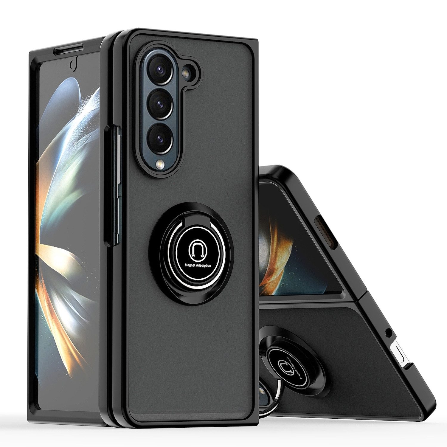 Wigento Handyhülle Für Samsung Galaxy Z Fold6 Shadow Design TPU / PC Hülle Ring Schwarz, Ring Halterung Schutzhülle