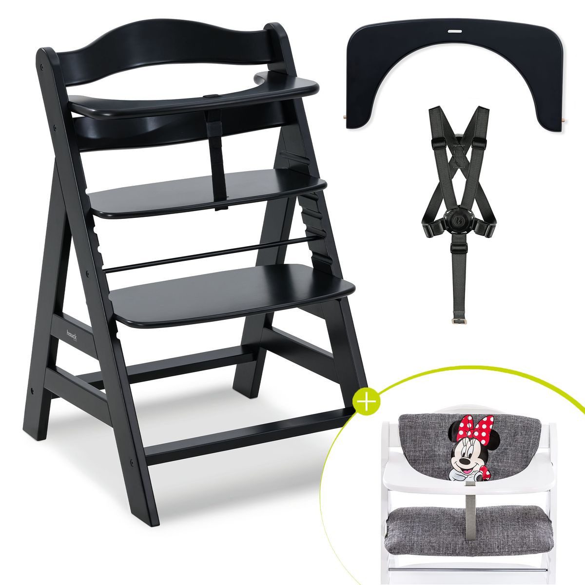 Hauck Hochstuhl Alpha Plus - Minnie Grey - Black, Mitwachsender Holz Kinderhochstuhl verstellbar mit Sitzauflage & Gurt