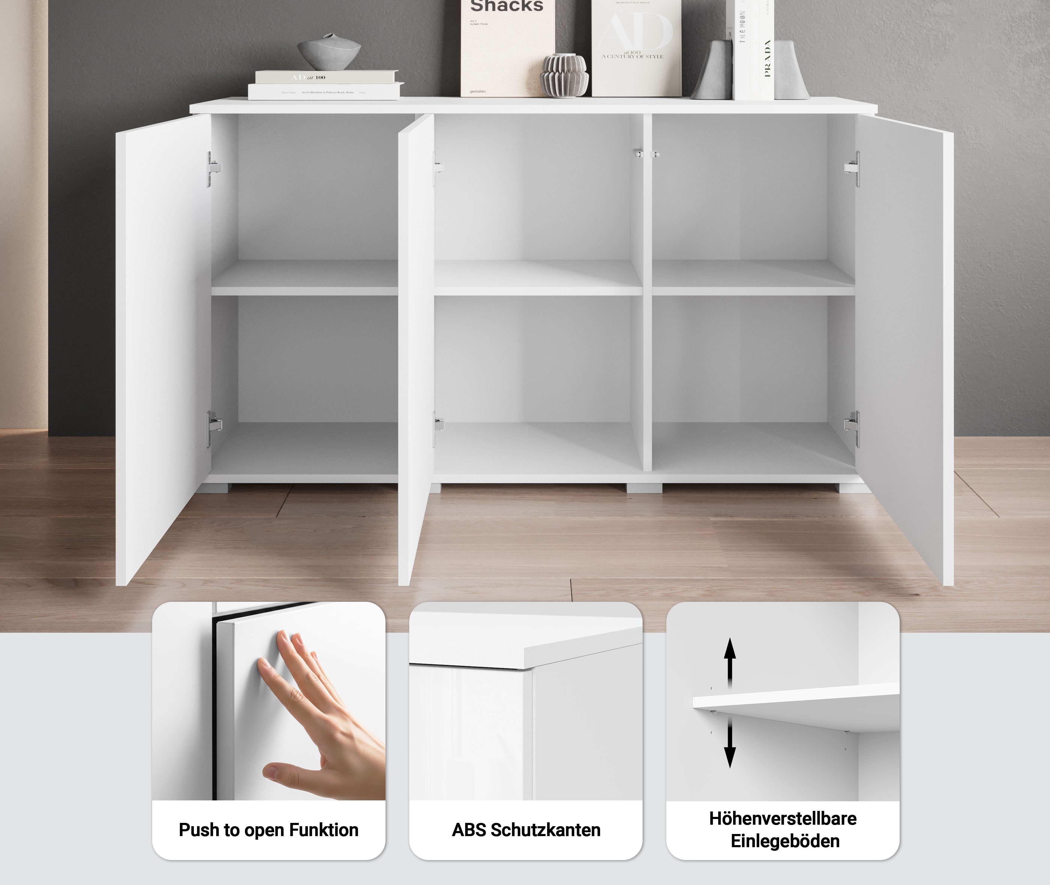 OTTO home Sideboard Kenia, moderne grifflose Kommode mit 3 Türen, Breite 120 cm (1 St), Push-to-Open-Fronten, höhenverstellbaren Einlegeböden