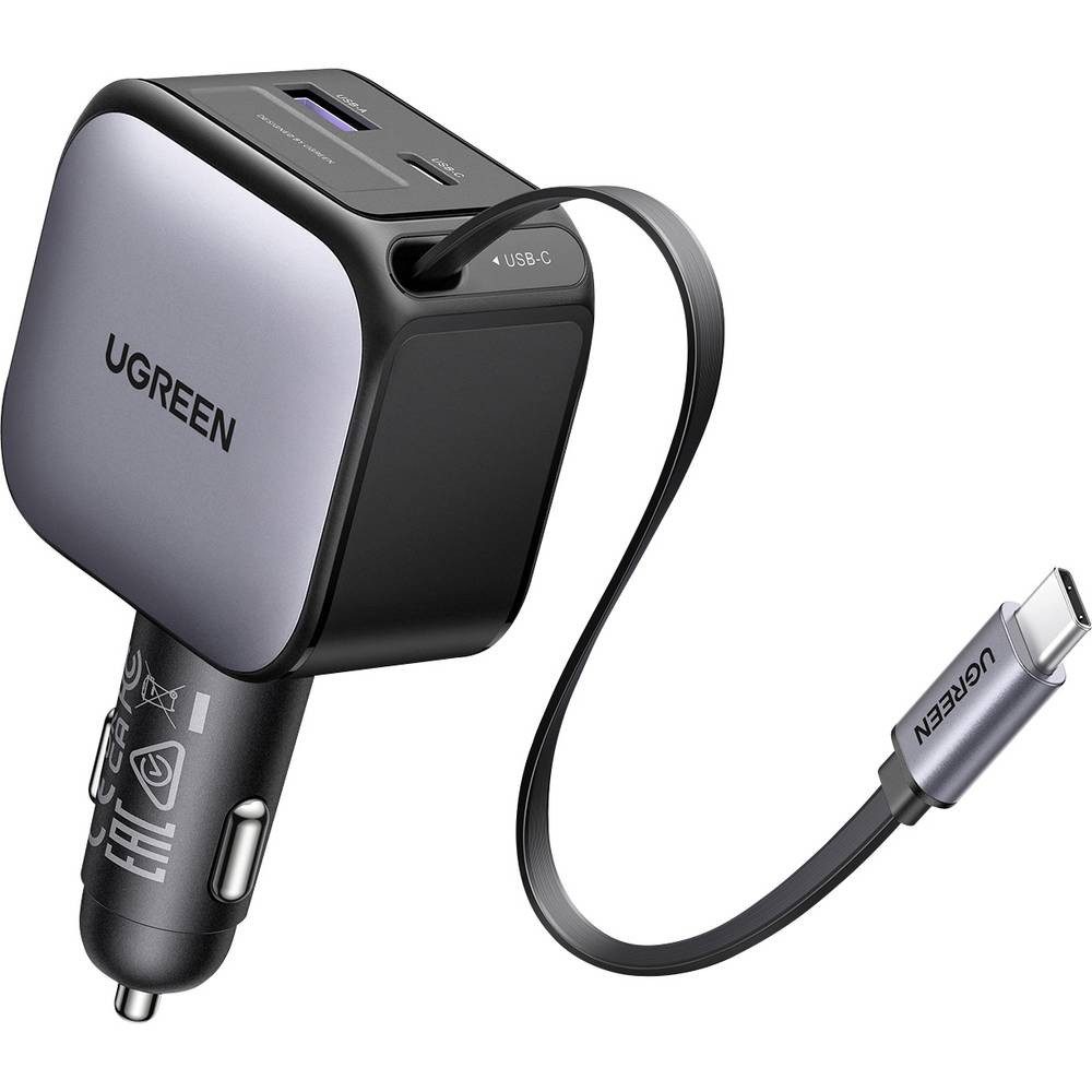 UGREEN EC602 60W Car Charger Kfz Ladegerät 60 W 2x USB-C®, 1x USB-A QC 3.0, USB-Ladegerät (aufwickelbares USB-C®-Kabel)