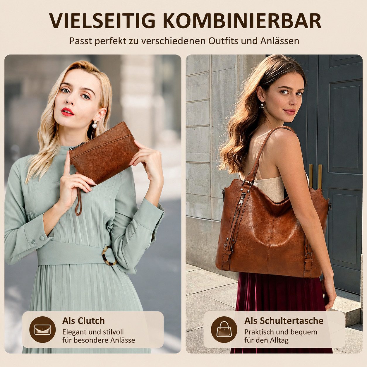 Toomoke Handtasche Damen Schultertasche Groß Shopper Vegan Handtasche (Handtaschen Umhängetasche Geldbörse Damen Taschen 2-Tlg, 44*16*32cm)