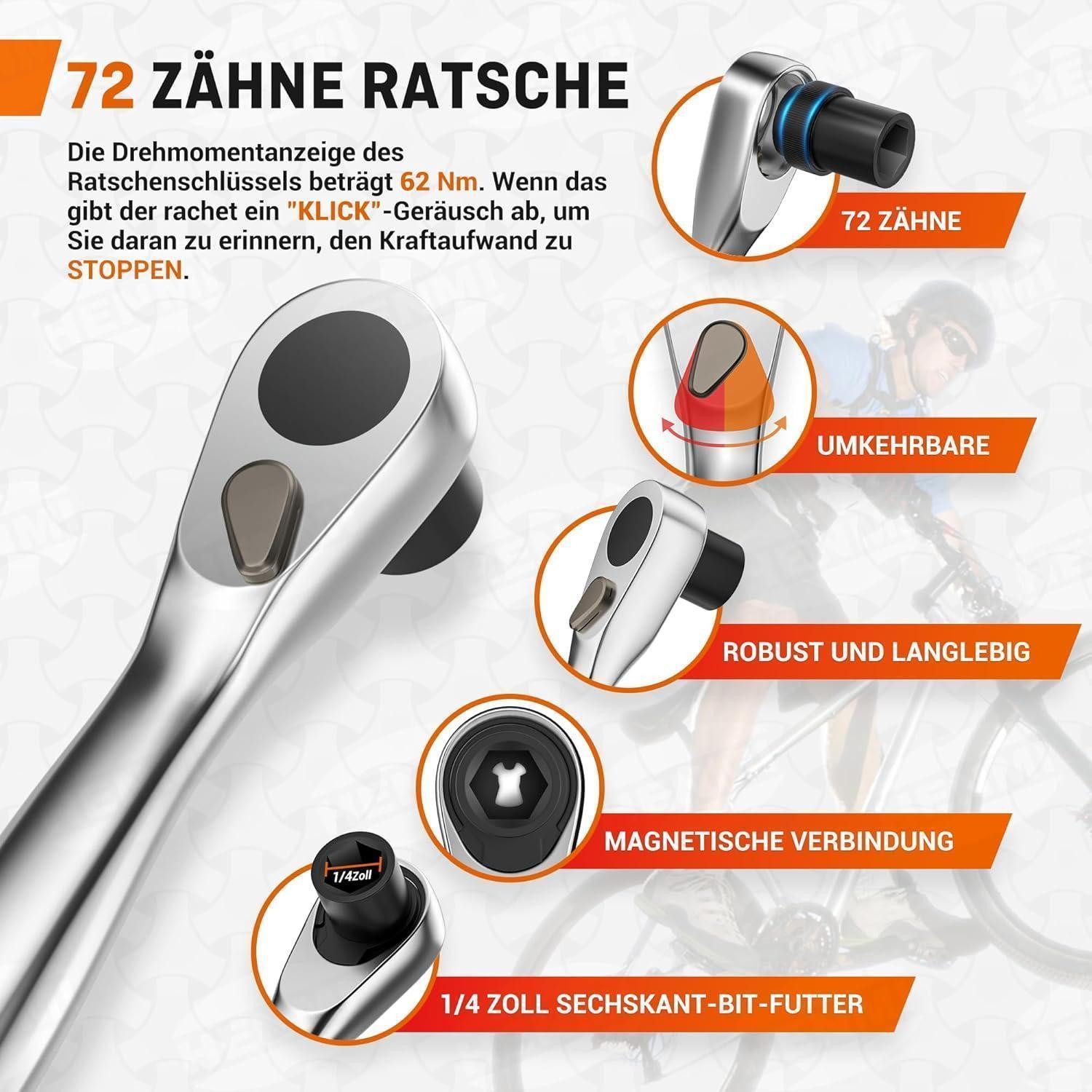 LuxusKollektion Fahrradwerkzeugset Ratschenschlüssel Mini 1/4 Zoll 72 Zähne 12-teiliges Fahrradset