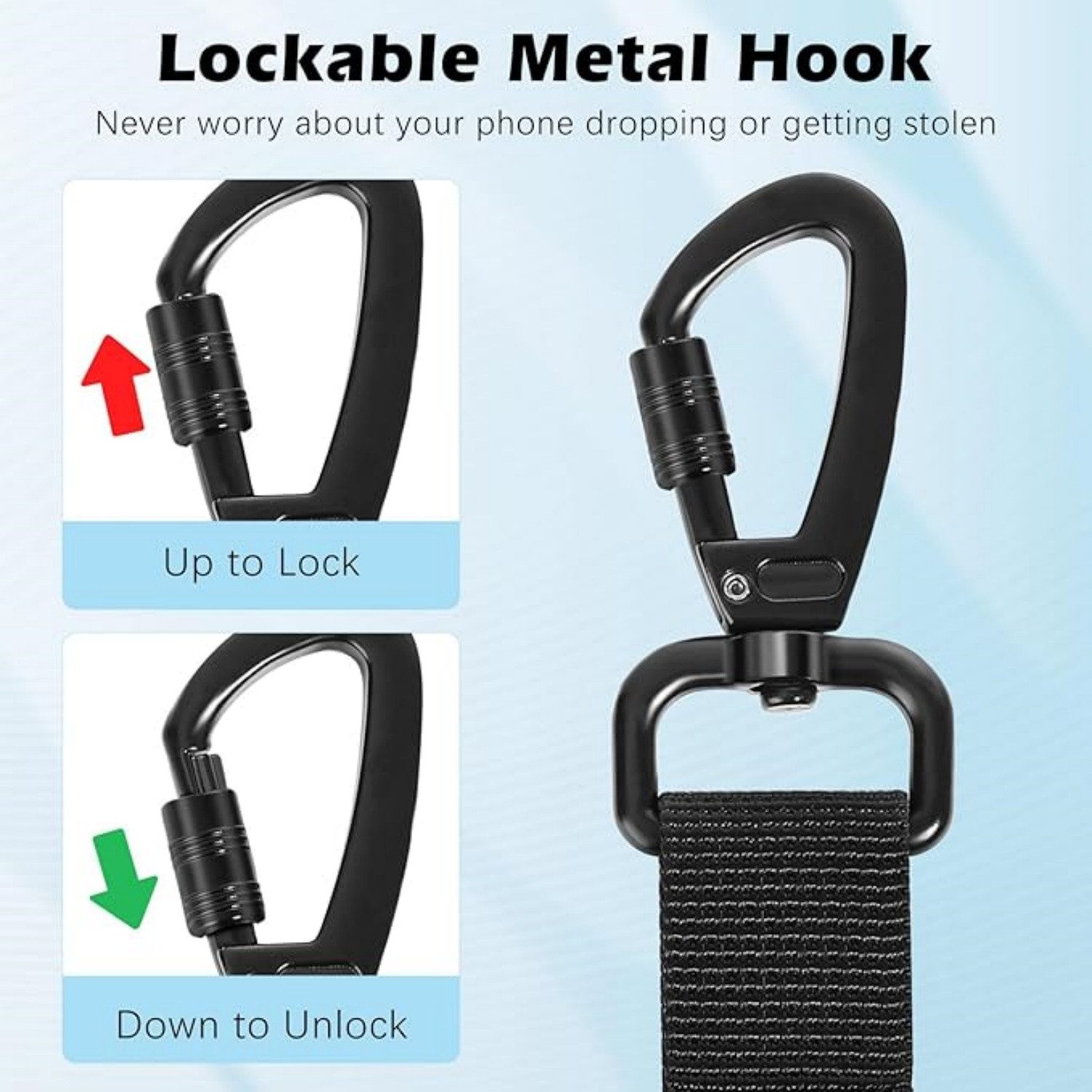 ibettertec Handykette Einziehbares Handy-Sicherungsband, Einziehbarer Umhängeband mit Diebstahlschutz und Metallhaken und 360°-Metallhalterung, Handy-Umhängeband für Outdoor wie Wandern, Klettern und Angeln