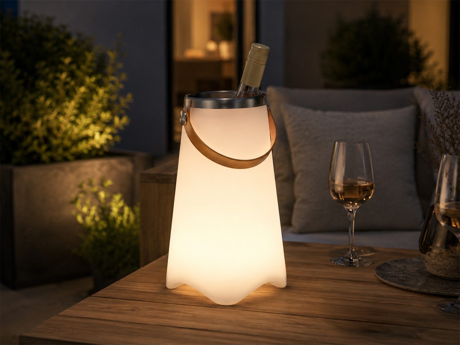 meineWunschleuchte LED Außen-Tischleuchte mit Akku, Lautsprecher & Weinkühler 38cm, Fernbedienung Farbwechsel, LED fest integriert, Warmweiß, Outdoor Tischlampe kabellos, USB aufladbar mit RGBW & Bluetooth