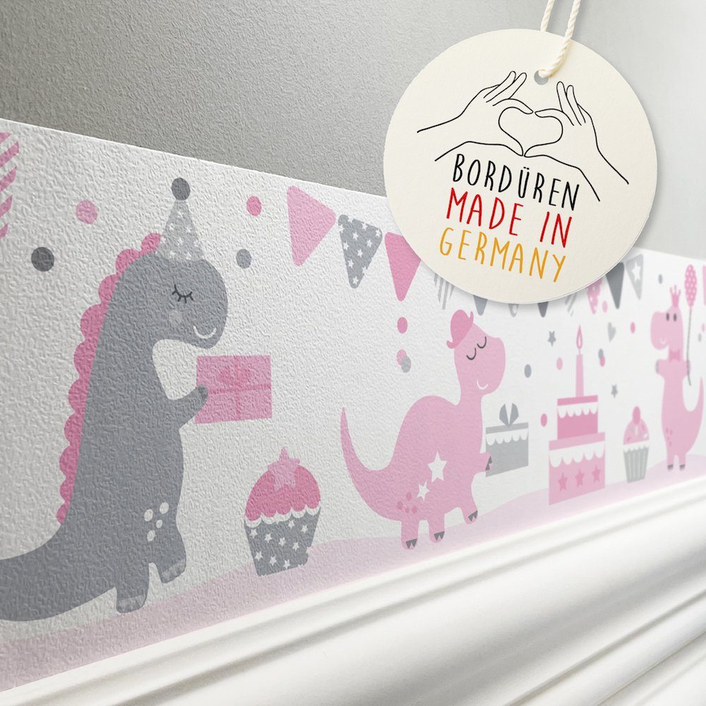 lovely label Bordüre Dinoparty rosa / grau - Wanddeko Kinderzimmer,  selbstklebend