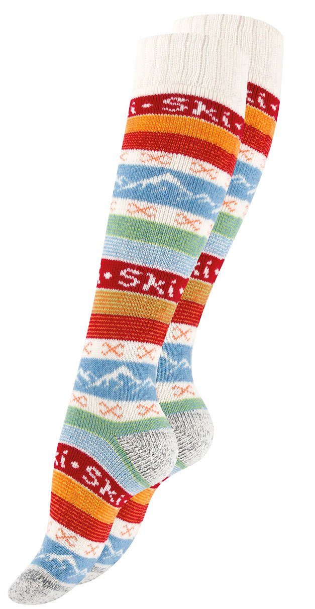 Wolle Norweger Stricksocken Ski mit wollweiß-rot Skisocken mit Stark - Strick-Kniestrümpfe schriftzug Skisocken Soul® HYGGÈ