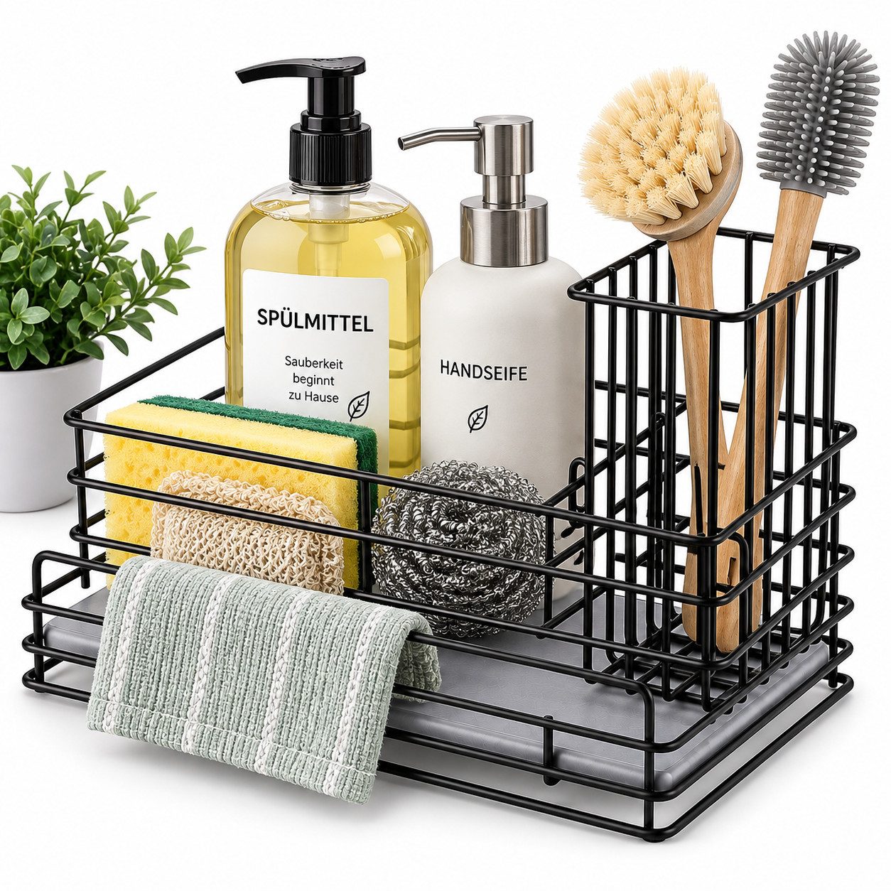 LEMLIT Küchenorganizer-Set Spülbecken Organizer Mit Diatomitplatte Und Bürstenhalter, (1er Set, 1-tlg., Produktmaße: 23 x 11 x 10 cm), Schnelltrocknend, Abnehmbarer Bürstenkorb, Für Küche Und Bad