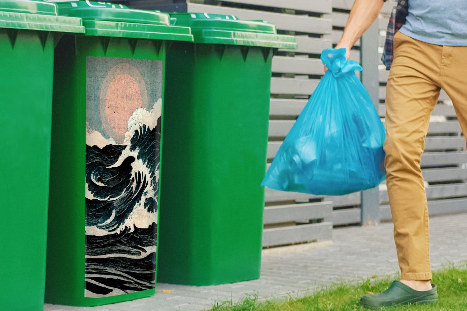 MuchoWow Mülleimer-aufkleber, - Sticker, (1 Wandsticker - Mülltonne, Sonne Meer Jahrgang St), Wellen - Abfalbehälter Container,