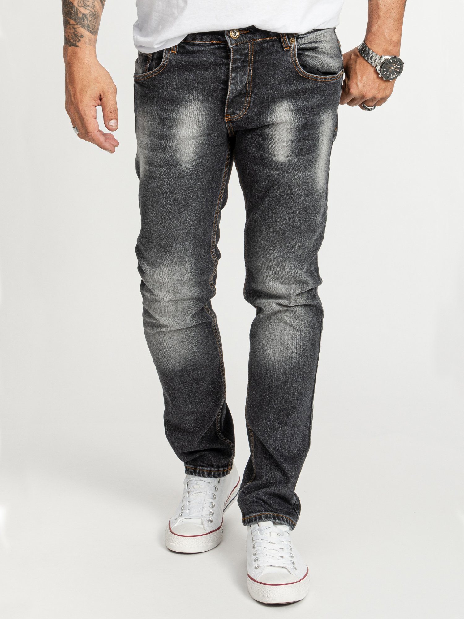 Rock Herren Dunkelgrau Jeans Regular-fit-Jeans Stonewashed Creek RC-2404