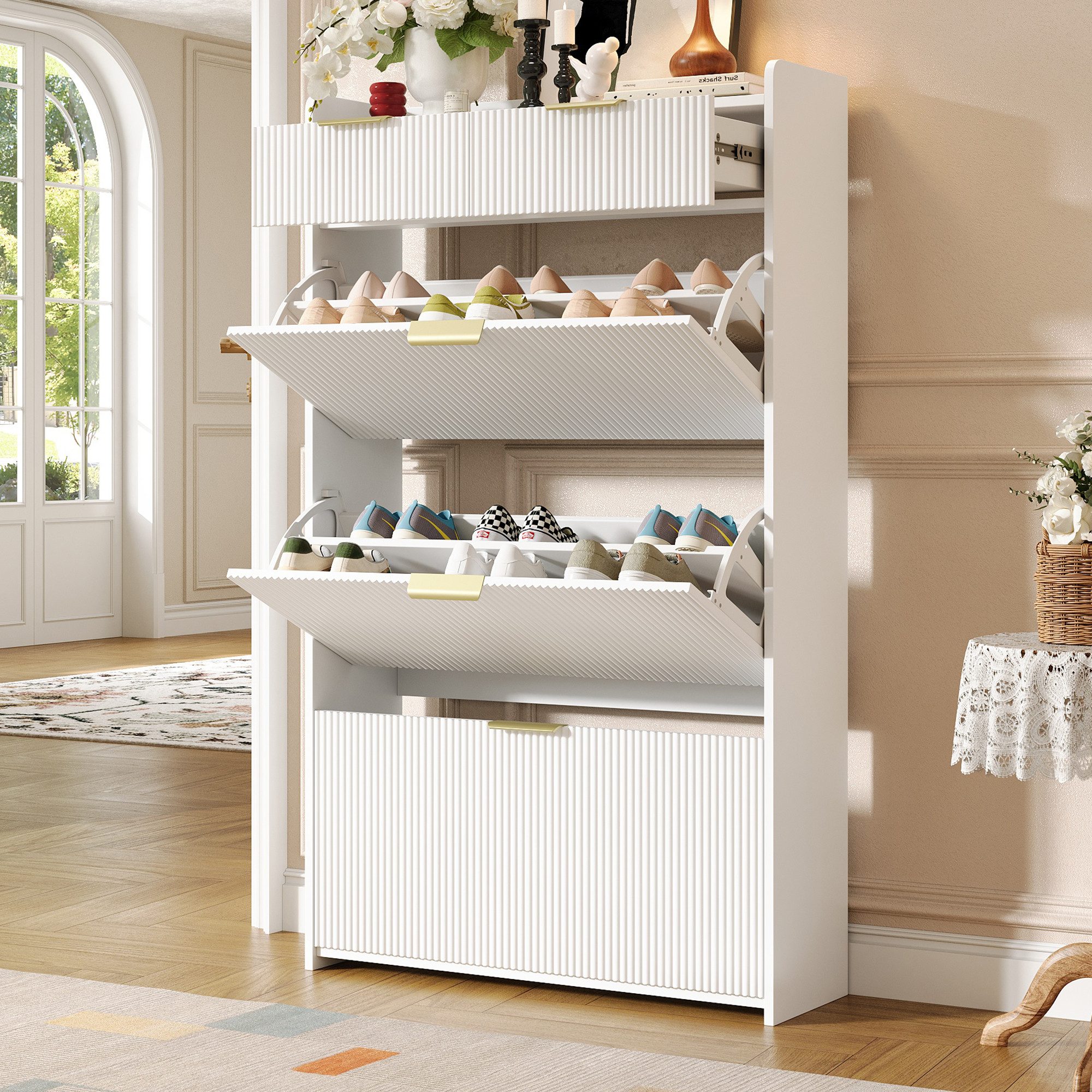 i@home Schuhkipper Moderner, schmaler Schuhschrank mit 3 Klappfächern und 2 Schubladen, Schuhkipper für Flur und Eingangsbereich, Weiß, 80 × 25 × 135 cm