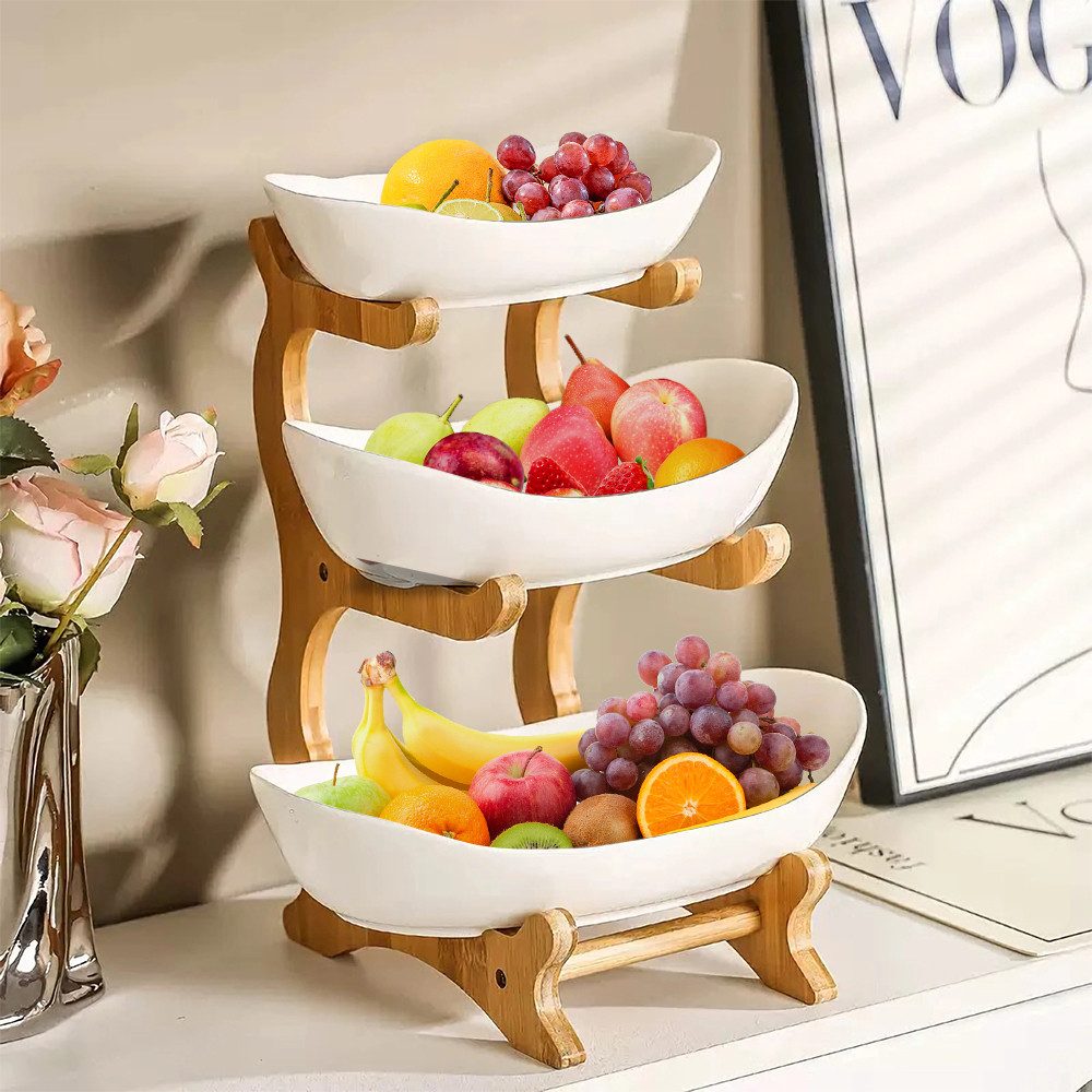 JEOBEST Obstschale Obsttablett Obstschale Obstkorb Etagere 3 Etagen, (1-tlg, Holz Steher) Rutschfestes, Leicht zu reinigendes