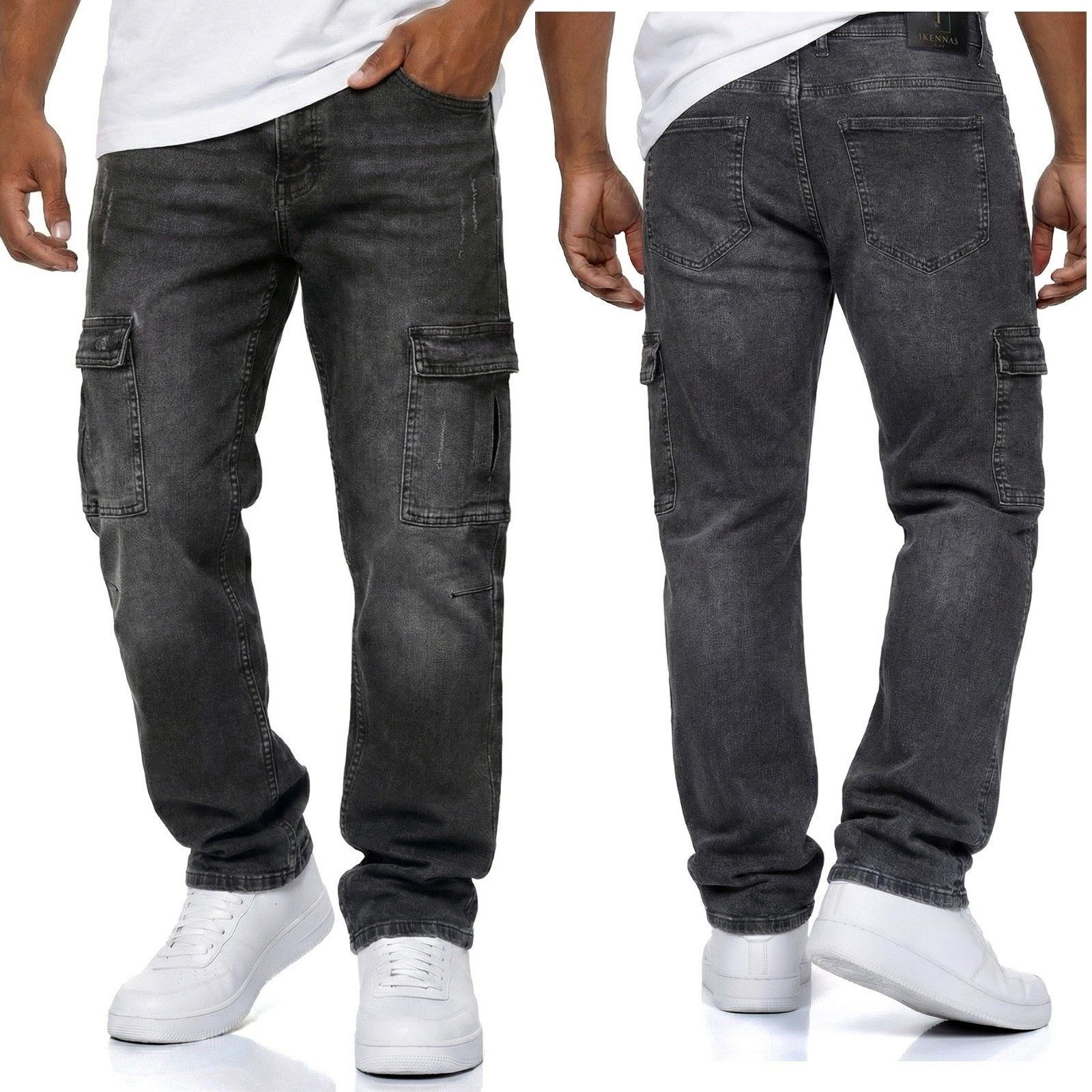 iKENNAS Cargojeans Herren Cargo Jeans Slim Cargohose (2007 Cargo-Jeans) Grau W40 / L32