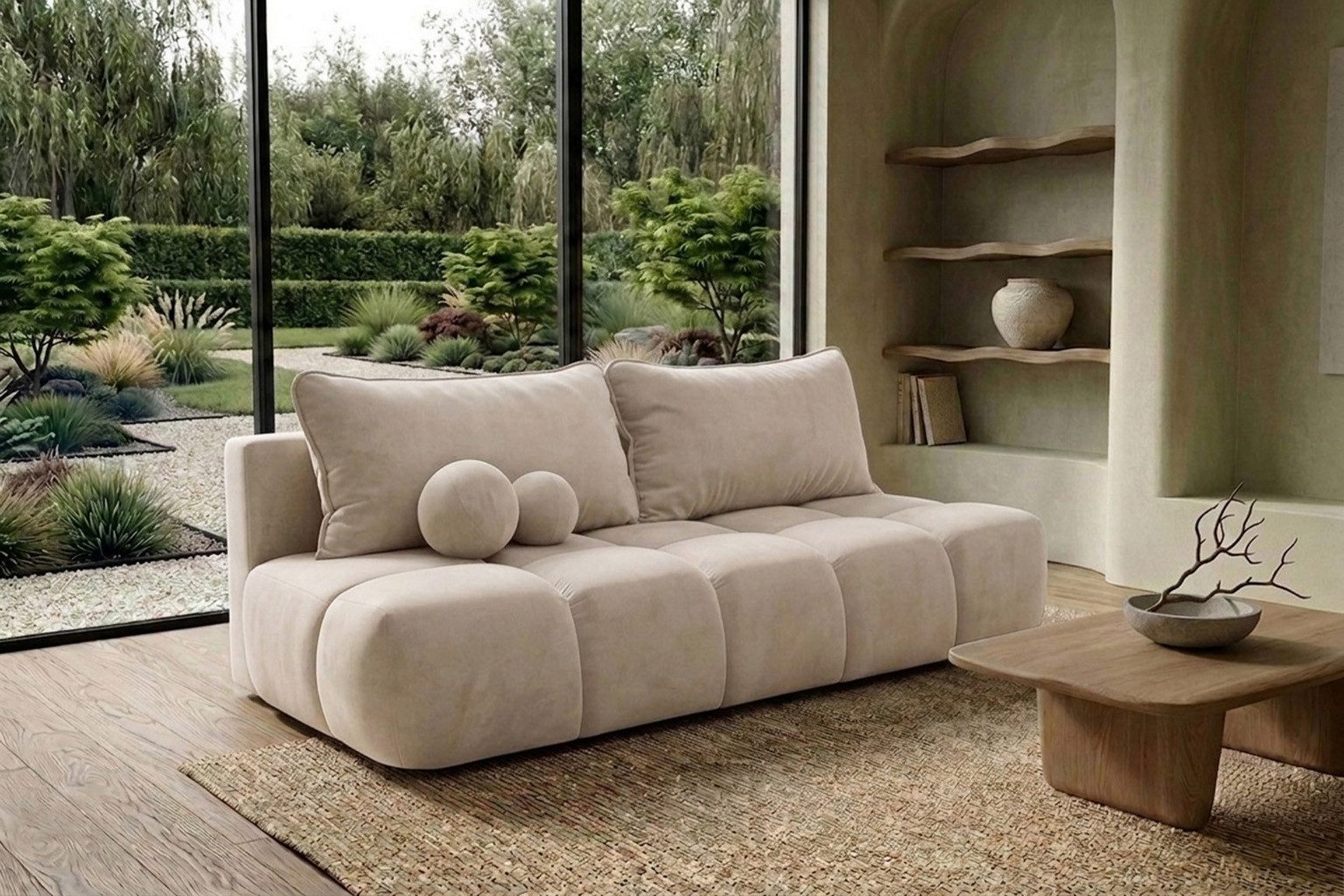 Kaiser Möbel Sofa mit Schlaffunktion, Bettkasten und Velvet-Stoff Bluvel COCO, Mit Schlaffunktion,Liegefläche 200 × 150 cm,Inklusive zwei Dekokissen