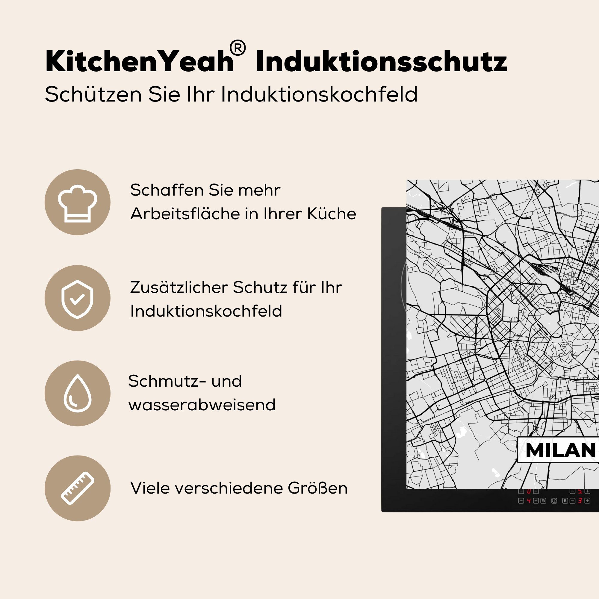 MuchoWow Herdblende-/Abdeckplatte Mailand - weiß Schwarz Ceranfeldabdeckung, küche - cm, Stadtplan (1 Vinyl, und tlg), für Arbeitsplatte 78x78 - Karte