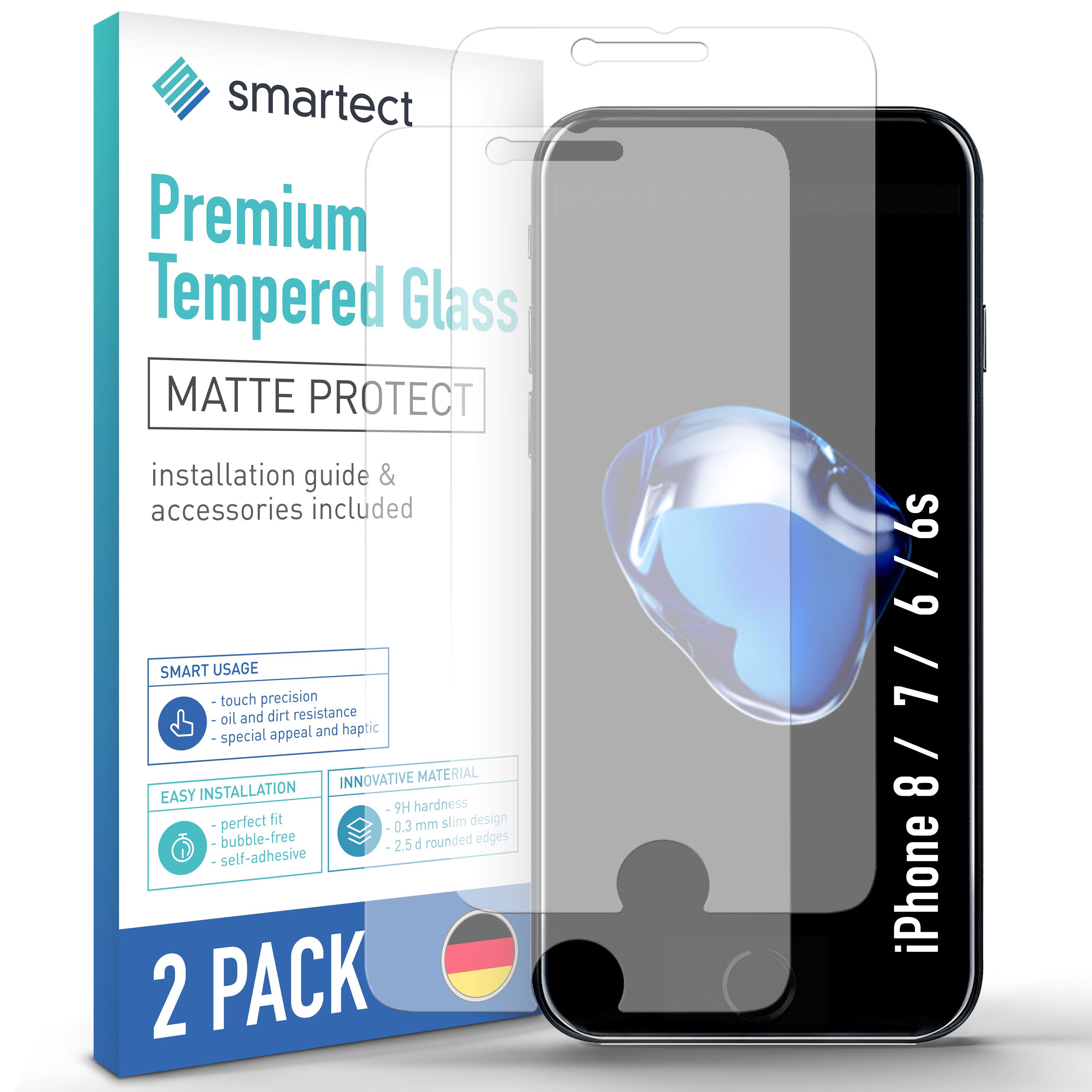 smartect Displayschutzglas Schutzglas Matt für Apple iPhone 8 / iPhone 7 / iPhone 6 / 6s, 2 St. für Apple iPhone 8 / iPhone 7 / iPhone 6 / 6s, 2 Stück, Anti-Fingerabdruck, 9H Härte, Blasenfreie Installation