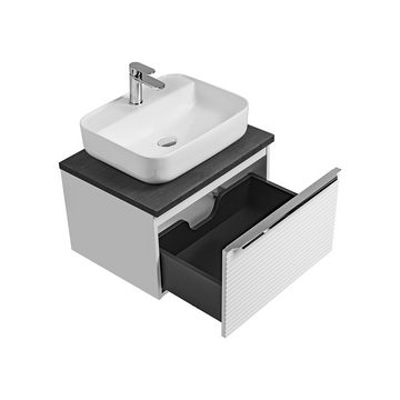 Lomadox Badmöbel-Set LARCIANO-56, (Spar-Set, 2-St), weiß Eiche Waschbeckenschrank Keramik Waschbecken Spiegelschrank LED