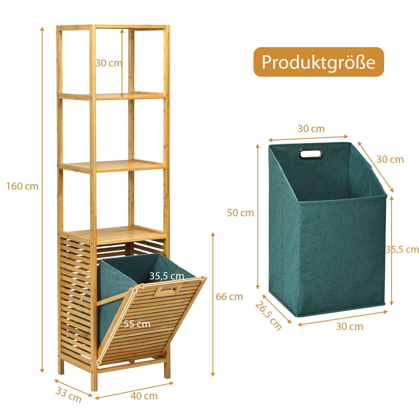 40x33x160cm Wäschekorb COSTWAY mit aus Badezimmerschrank, 3 Bambus Regalen,