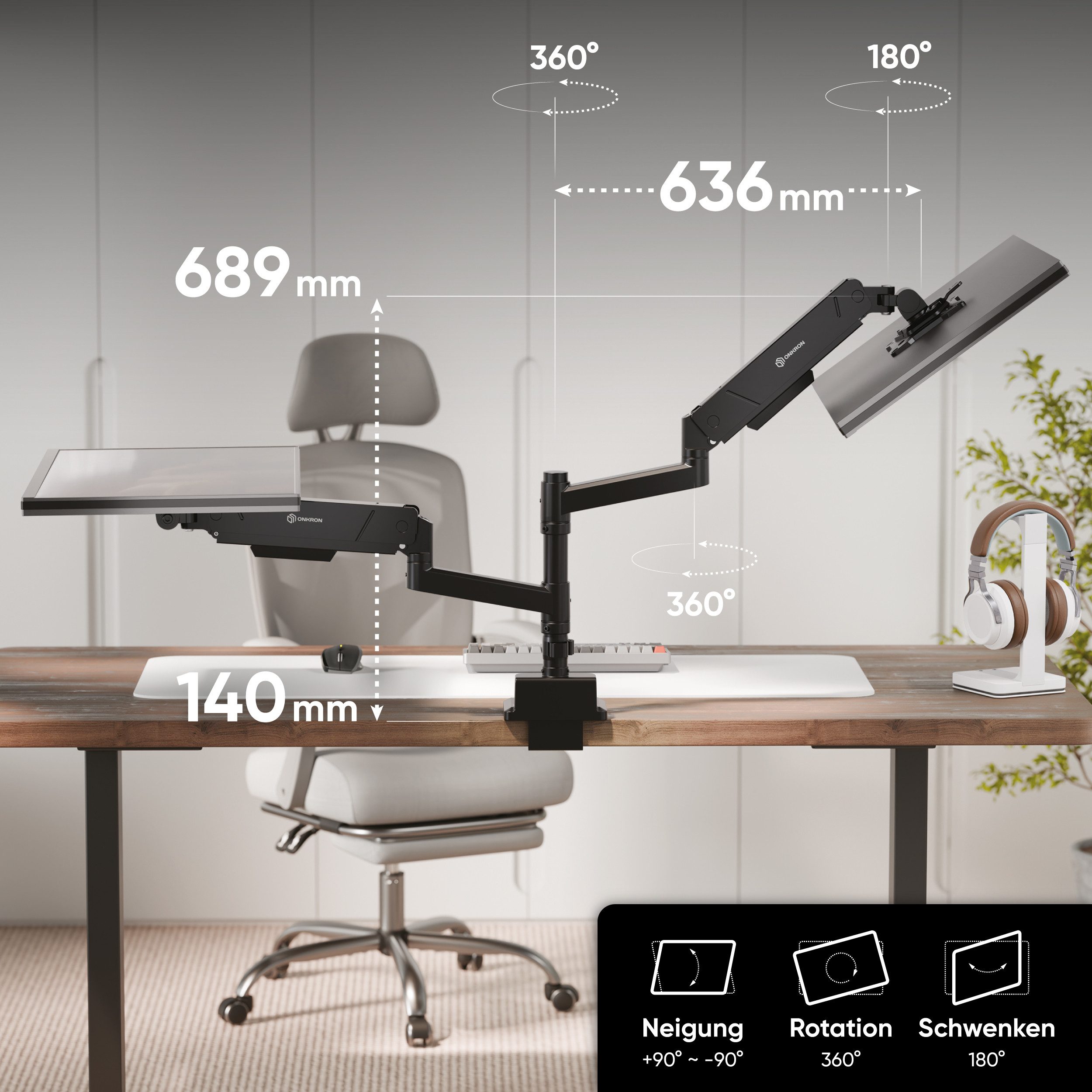 ONKRON Monitor-Halterung 17-45 Zoll, bis 15 kg pro Arm, VESA 75x75-100x100, G140-B, (bis 32 Zoll, neigbar, schwenkbar, drehbar, höhenverstellbar, Schnellverschl – Bild 5 von 5