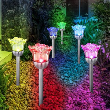 etc-shop LED Solarleuchte, LED-Leuchtmittel fest verbaut, 4er Set RGB LED Blumen Solar Rosen Leuchten Erdspieß