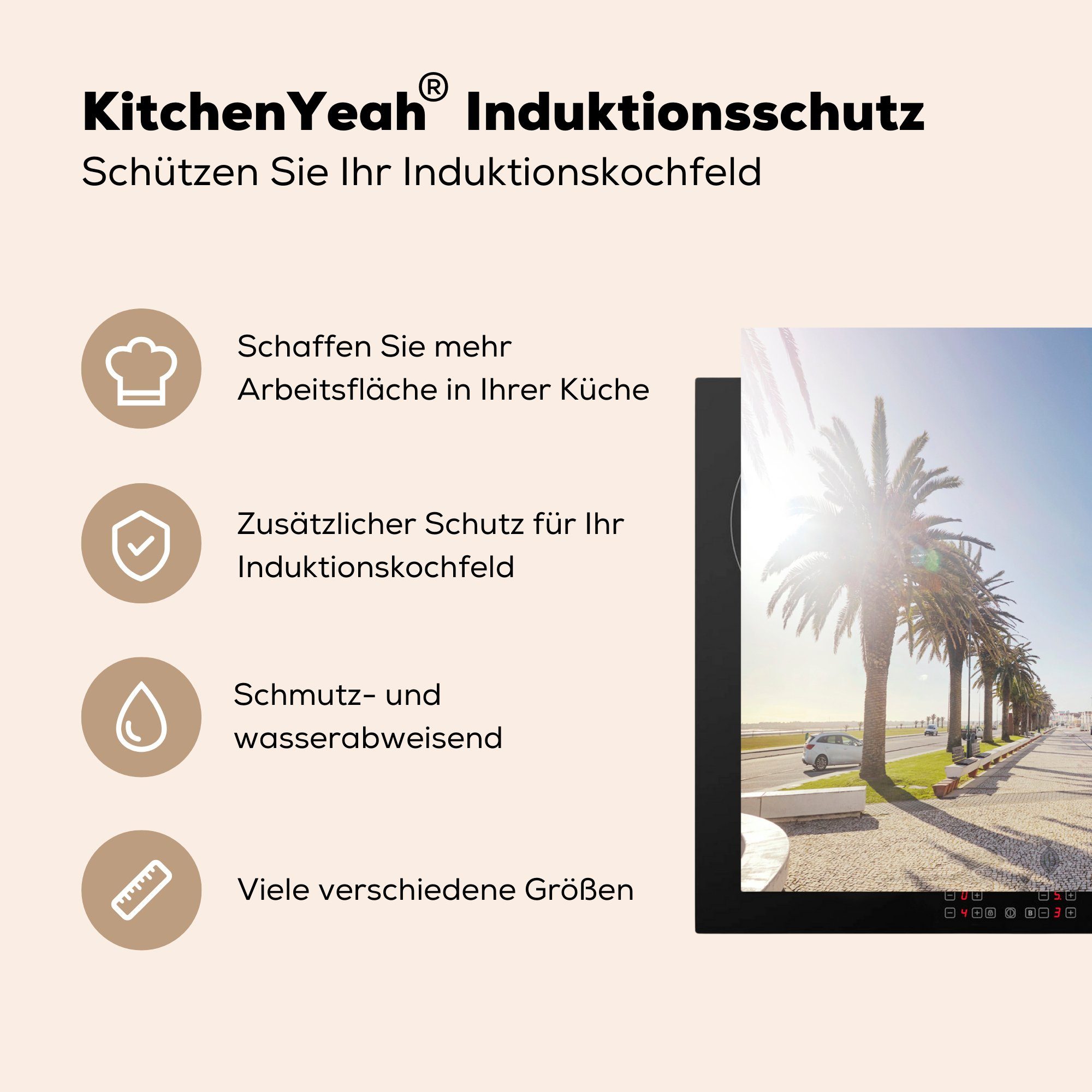 küche für Palmen, cm, Strand tlg), Ceranfeldabdeckung, Vinyl, MuchoWow - - Arbeitsplatte Herdblende-/Abdeckplatte (1 Haus 83x51