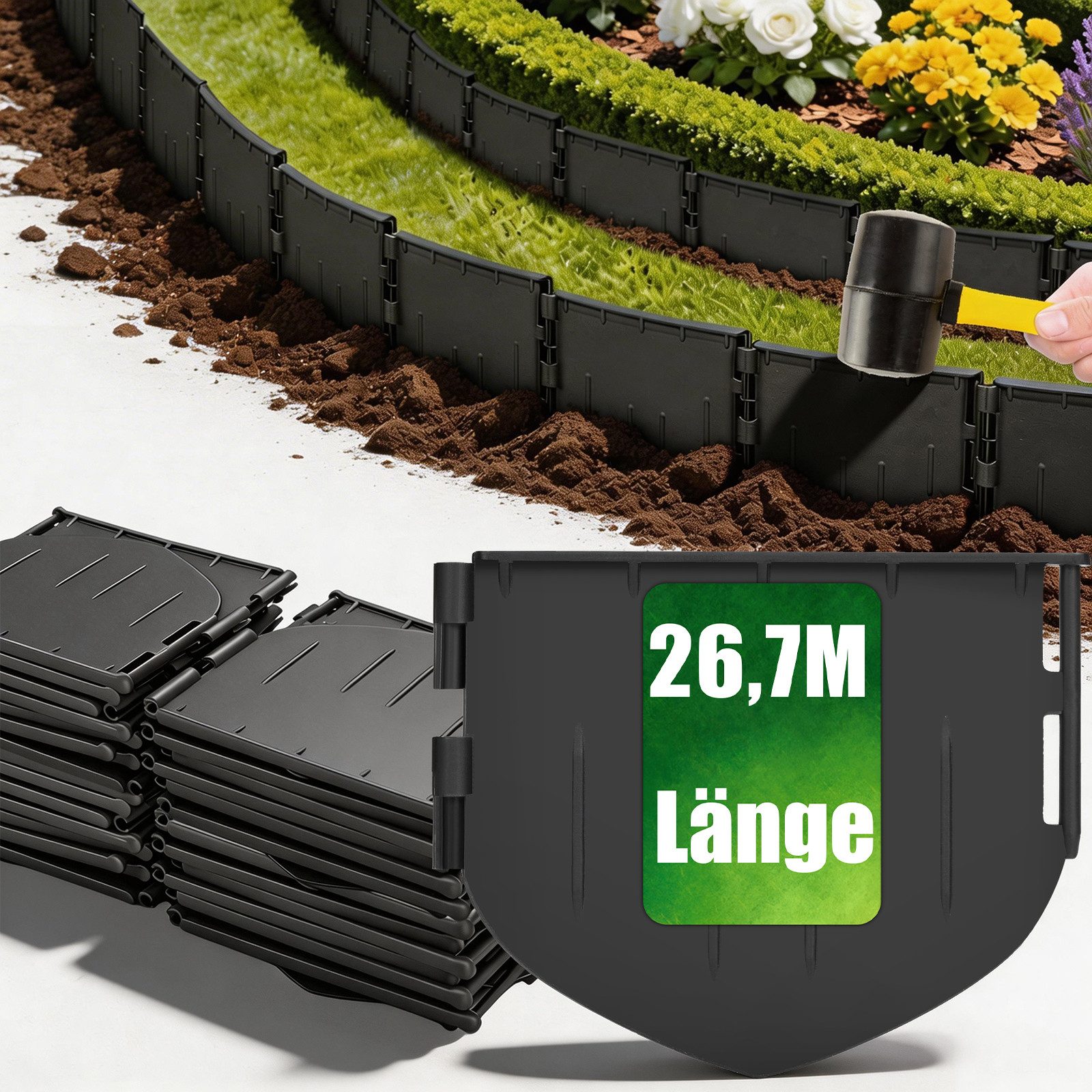 XERSEK Beetumrandung 180 Stück Kunststoff Rasenkante 26,7m Gartenzaun Beeteinfassung, Einfach einschlagen, Keine Gräben ausheben, 153x131mm pro Stück, Kombinierbar Gartenborder für Beete, Wege, Rasen und Weitere Formen