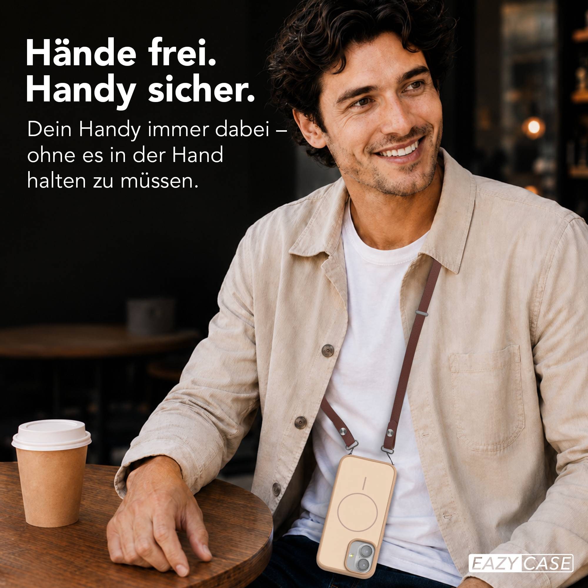 EAZY CASE Handykette Outdoor Case Thin MagSafe mit Band für Apple iPhone 17 6,3 Zoll, Outdoor Case mit Slim MagSafe Ring und Crossbody Band in Dunkelbraun