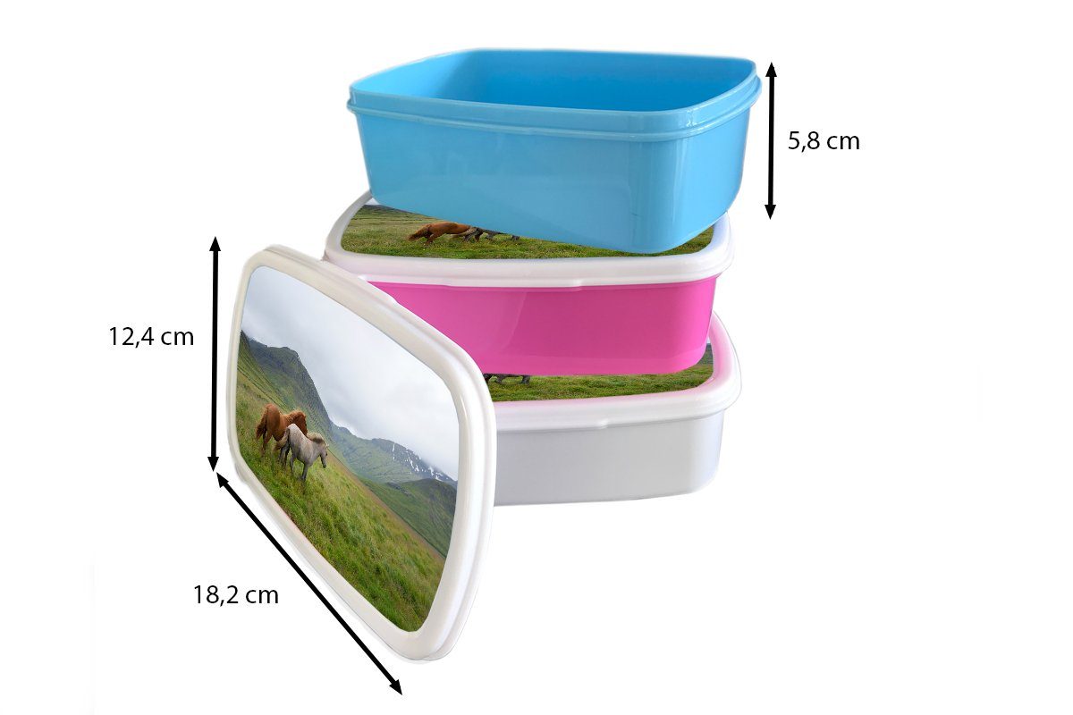 Berge, Mädchen - für Erwachsene, Brotdose, Jungs Brotbox MuchoWow (2-tlg), Gras und Kunststoff, - Pferde und Lunchbox weiß für Kinder