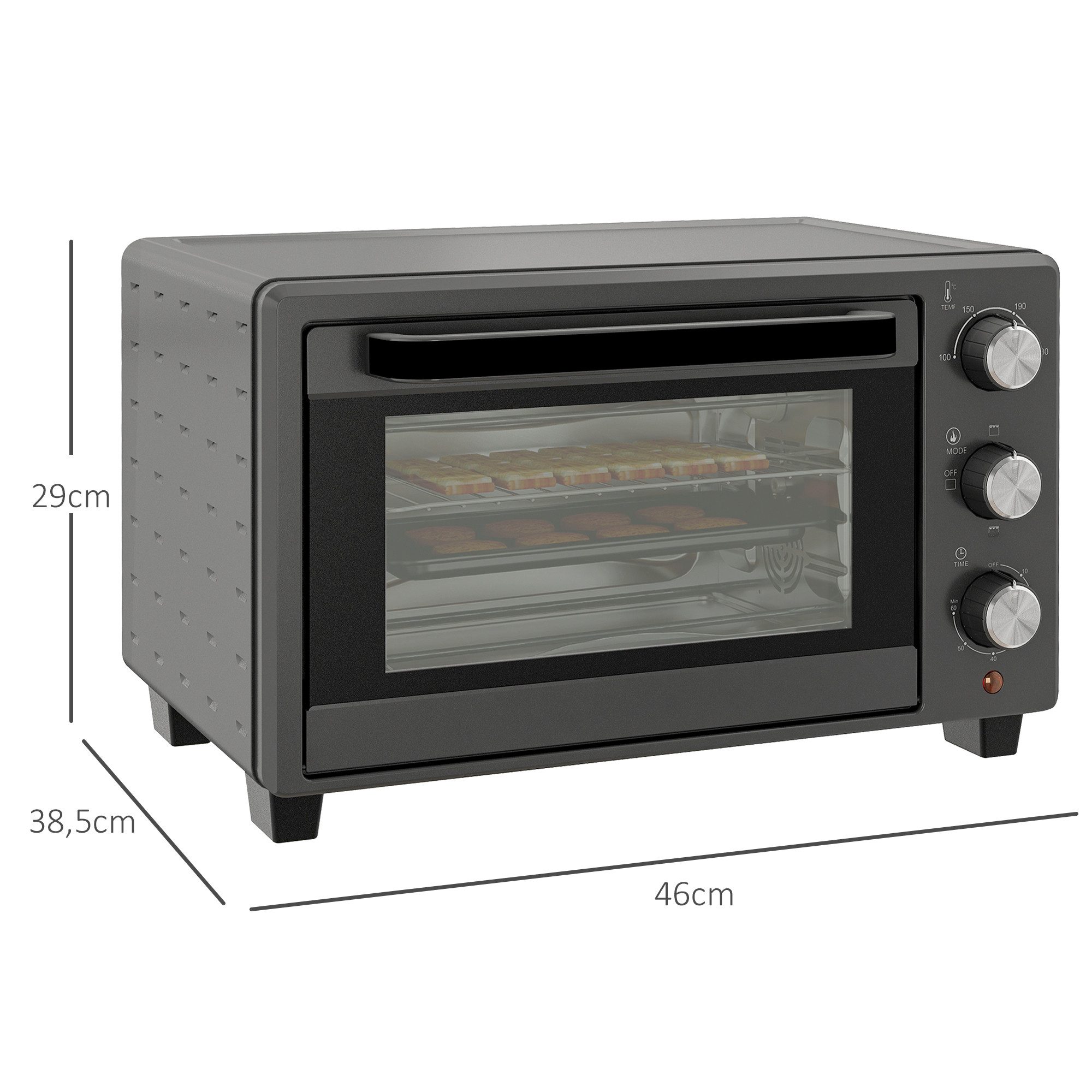HOMCOM Minibackofen 21L, 1400W, 60 Min. Timer, mit 100 °C-230 °C einstellbar Temperatur, zum Grillen, Backen, Toasten, Grau