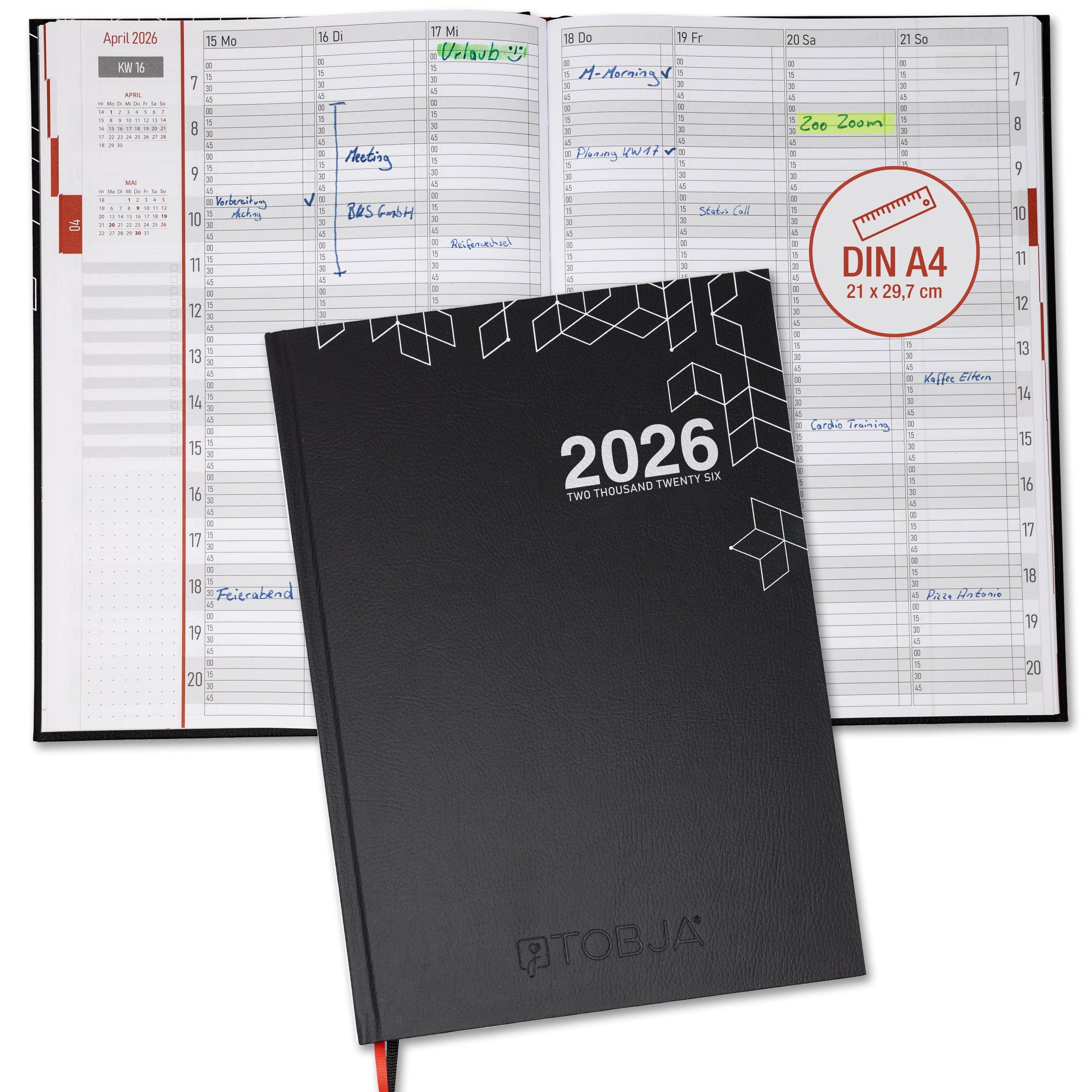 TOBJA Buchkalender Buchkalender 2026 A4 Hardcover Layflat 15-Minuten-Taktung Планировщик, Praxisplaner 2026, Reservierungsbuch 2026 Gastronomie