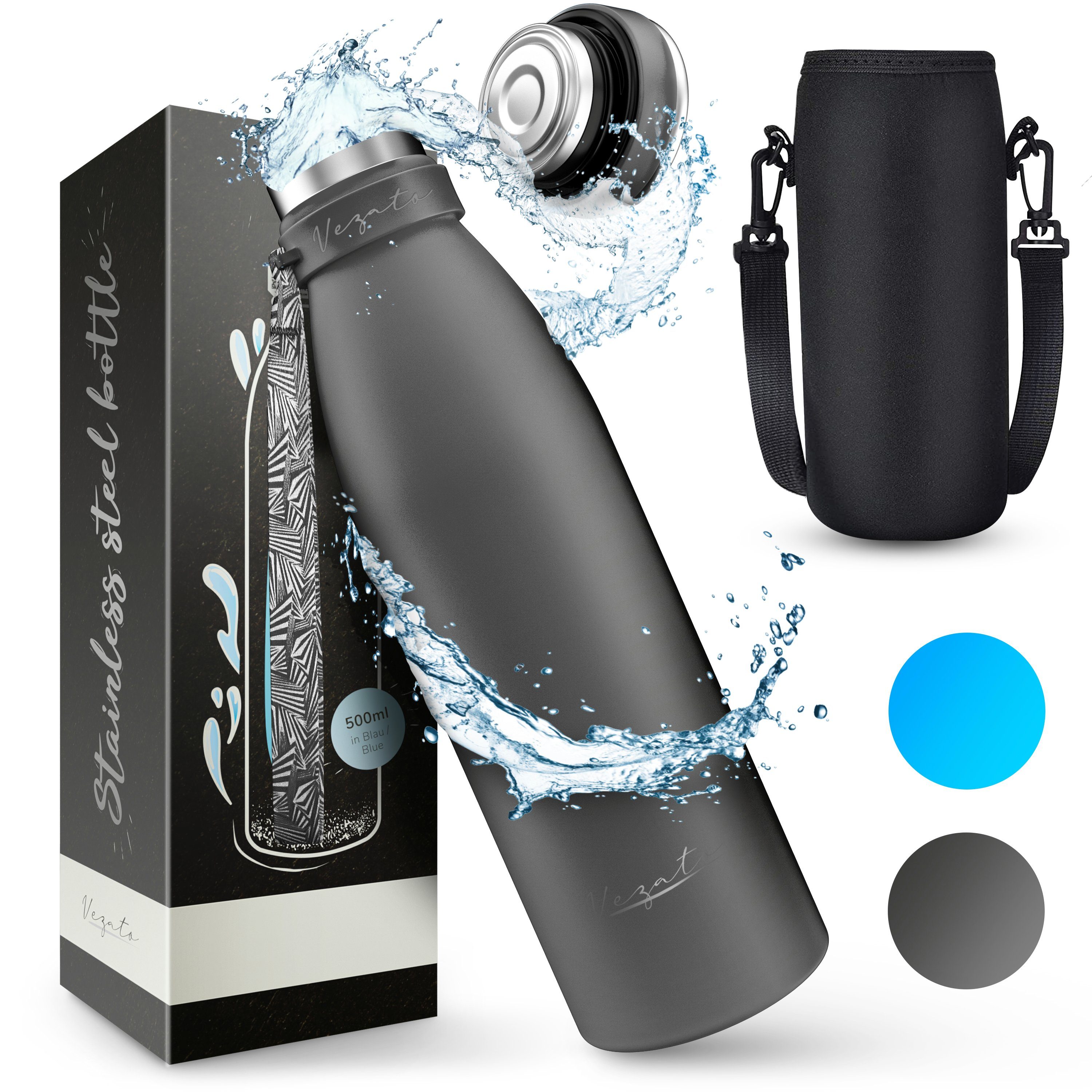Vezato Isolierflasche Trinkflasche Edelstahl - BPA-freie Thermo Trinkflasche 500-1000ml, mit Tragegurt - auslaufsichere Thermosflasche spülmaschinenfest