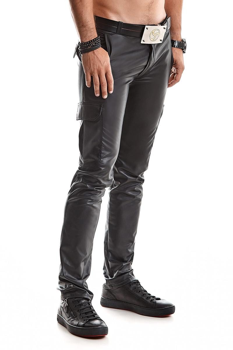 Lederimitathose Lange Herren wetlook Hose schwarz matt mit Reißverschluss und Taschen