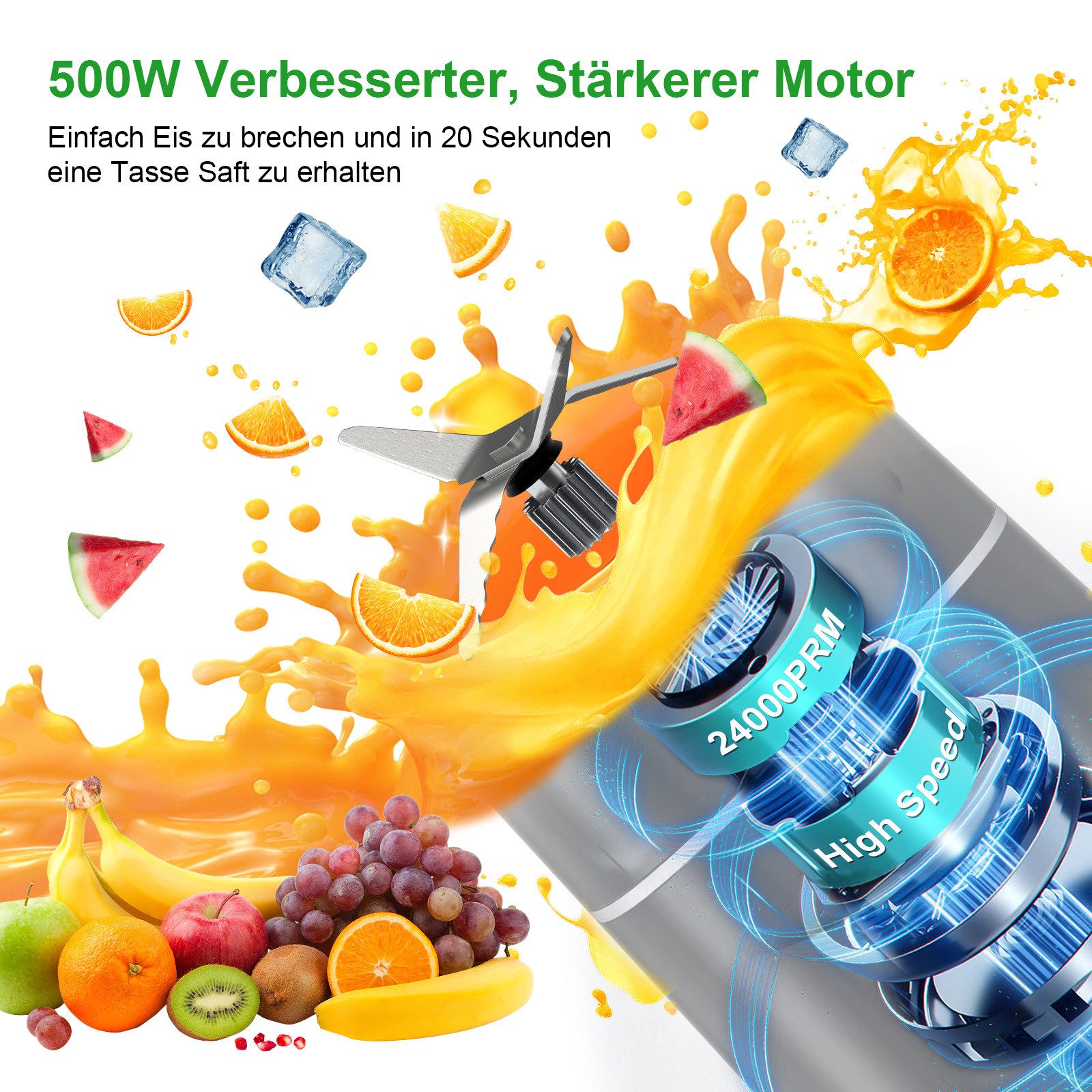 Fofile Standmixer Smoothie Maker 500W Mini Mixer mit 2x570ml Tritan BPA Freier Flasche, 500 W, Tragbarer Edelstahl Blender, 4 Blatt, leicht zu reinigen, 22.000  – Bild 5 von 5