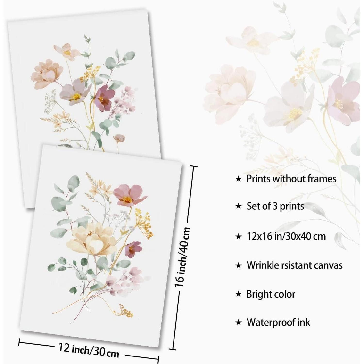 LuxusKollektion Leinwandbild Aquarell Blumen Leinwand Bilder Set Wohnzimmer Schlafzimmer Deko, (3 St) – Bild 5 von 5