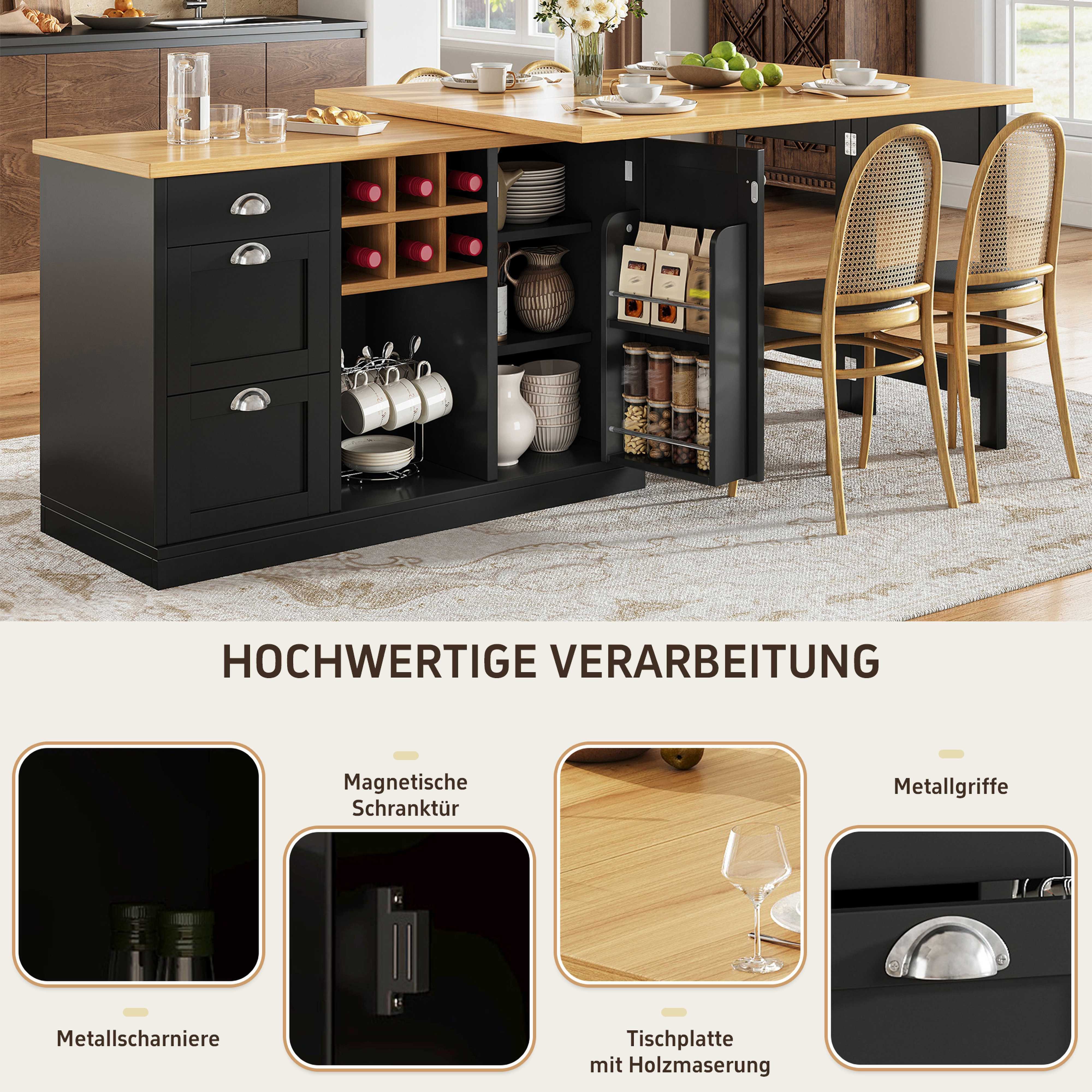 BlingBin Kücheninsel Ausziehbarer Küchentisch Bartisch mit Esstischfunktion 120-197 cm, (2 Packung), 360°verstellbare Tischplatte,Multifunktionaler,für Wohnung,Ohne Stühle