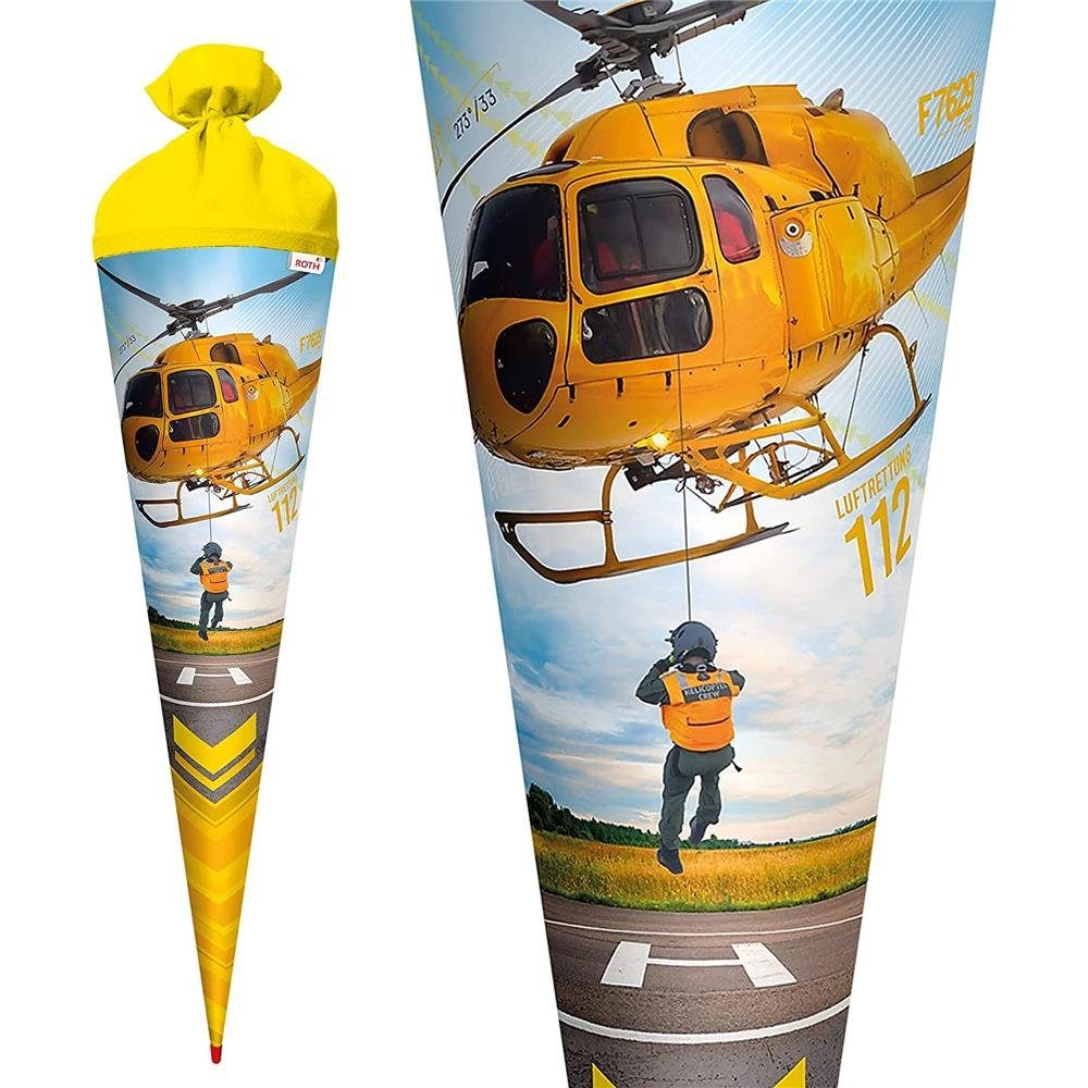 Roth Schultüte Helikopter, 70 cm, rund, mit gelbem Filzverschluss, Zuckertüte für Schulanfang