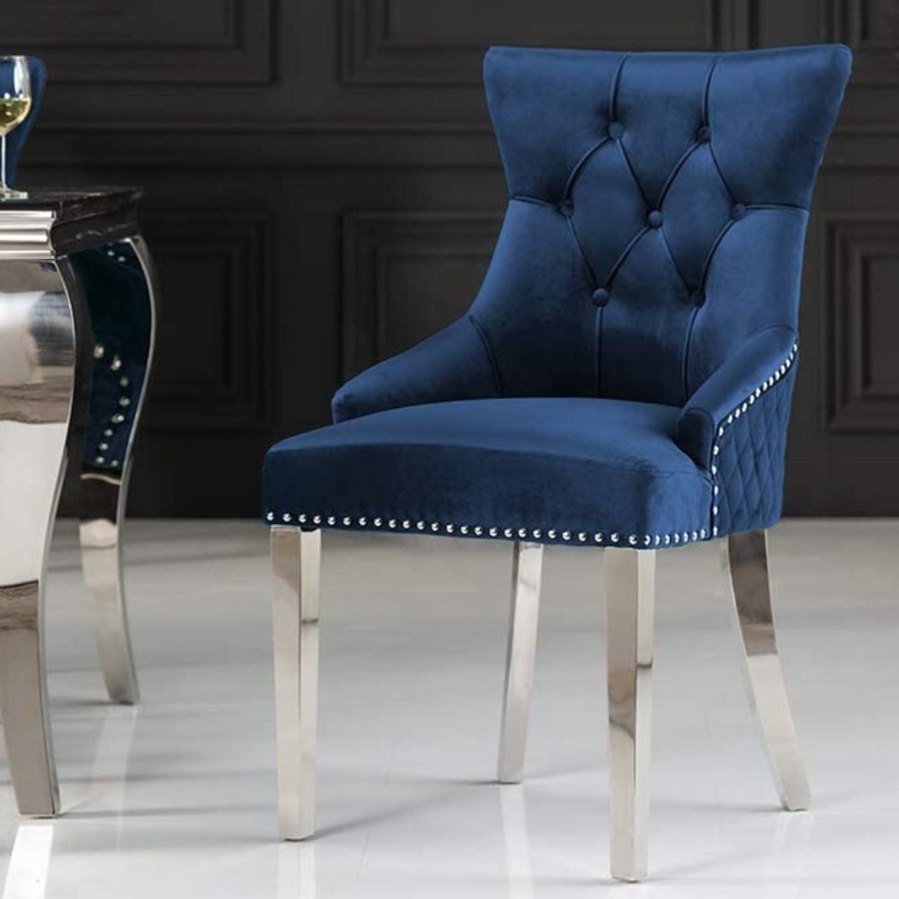 Stuhl Edler Stuhl LEON Samt blau Löwenkopf Chesterfield