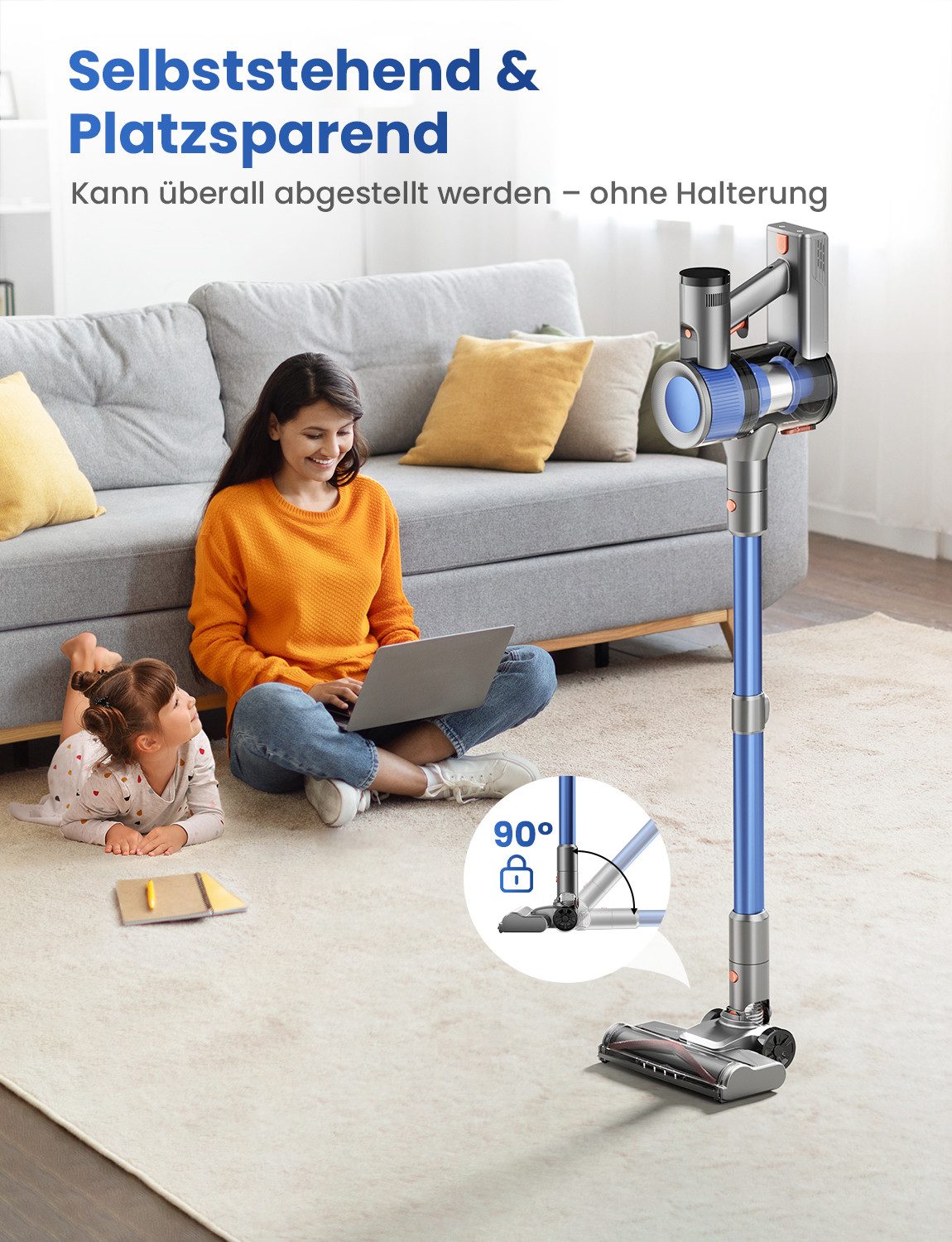 INSE Bodenstaubsauger S2 Staubsauger, 350 W, beutellos, 50KPa,55Min. Laufzeit,Selbststehend,Touch Display,Anti-Tangle Bürste