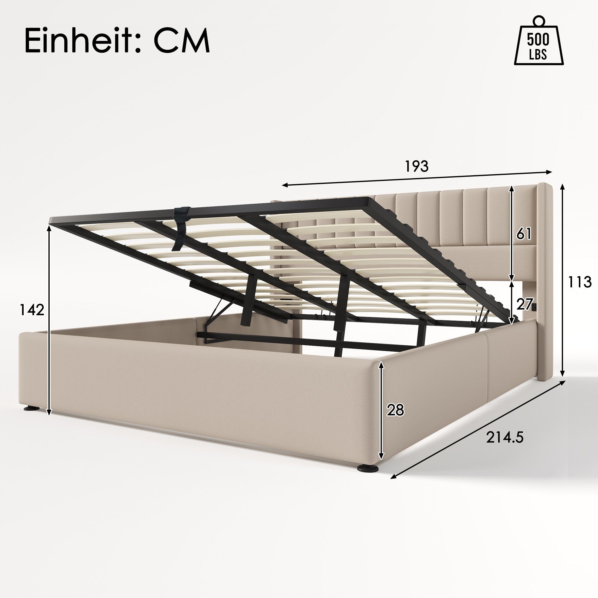 Boxspringbett (Funktionsbett Stauraumbett mit Bettkasten und Lattenrost), Polsterbett Hydraulisches Bett 180x200 cm, Lattenrost aus Holz, Leinen