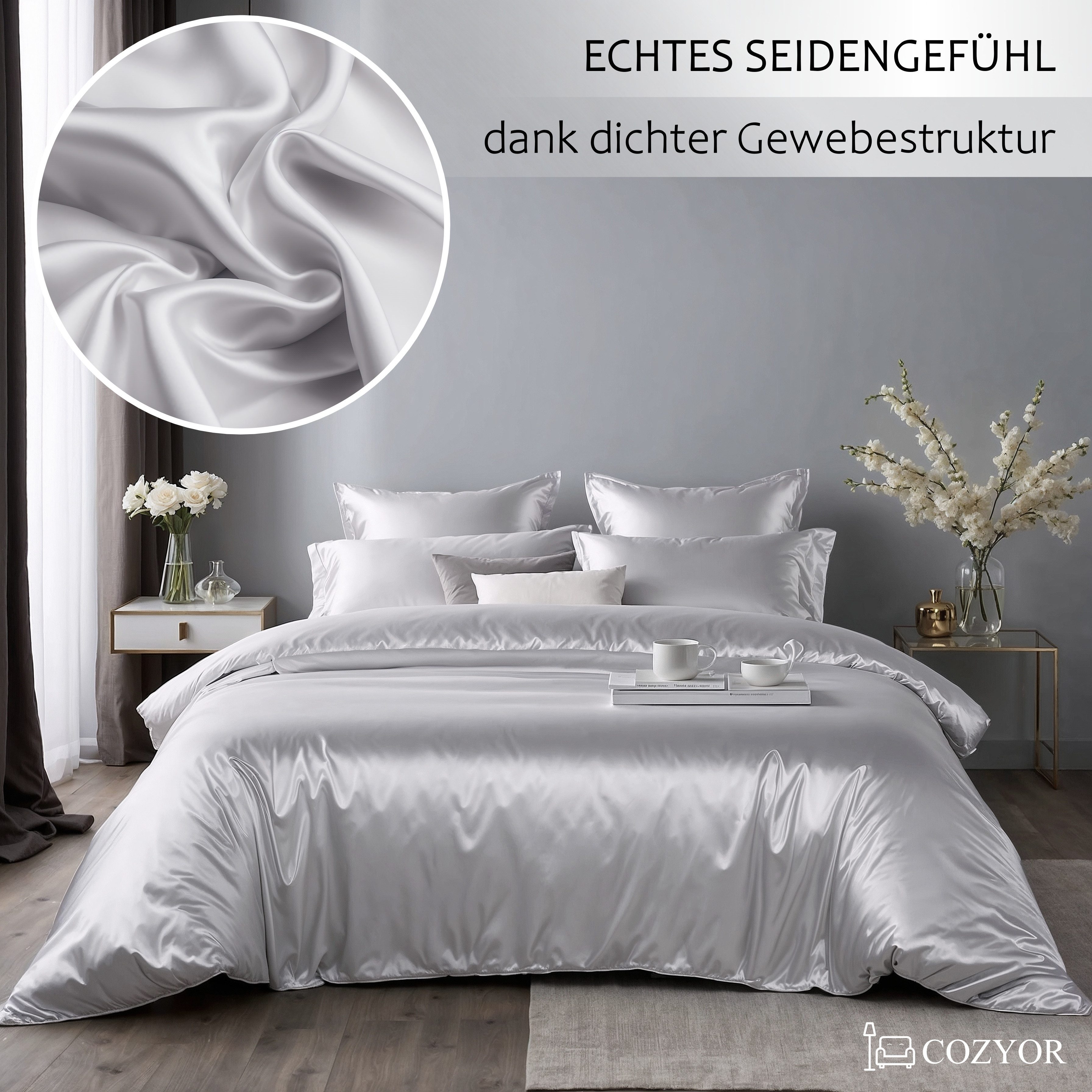 Cozyor Bettwäsche Satin glänzend 135x200, 155x200, 155x220, 200x200cm mit Reißverschluss, Satin, weiß Purity, 2 teilig, Edel und hochwertig – Bild 5 von 5