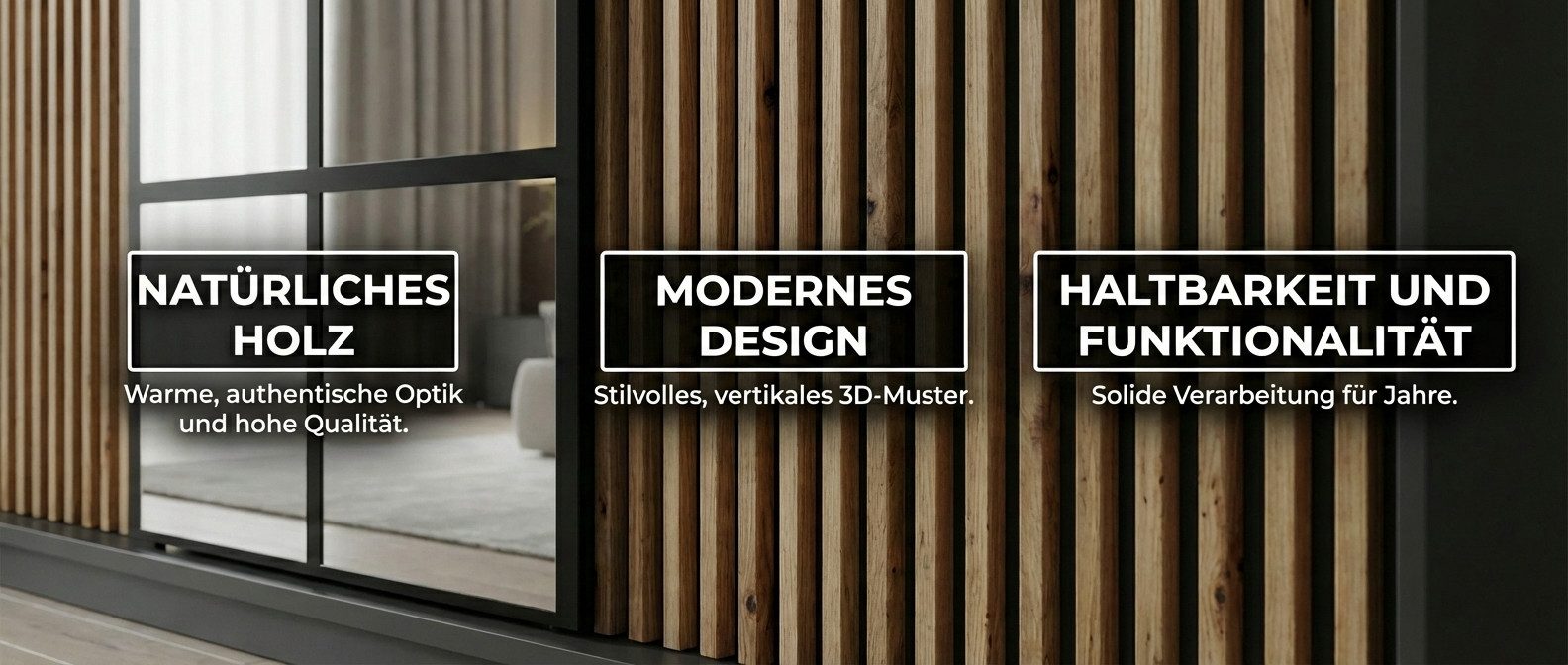A&J MöbelLand GmbH Schiebetürenschrank NORIVO 200 cm mit 3D-Lamellen und Spiegelfront (TOP ANGEBOT! Geräumiger Schrank mit einer Breite von 200 cm ideal zur Aufbewahrung von Kleidung und Accessoires. Wählen Sie das ideale Modell für Ihr Schlafzimmer!, TOP PRODUKT)