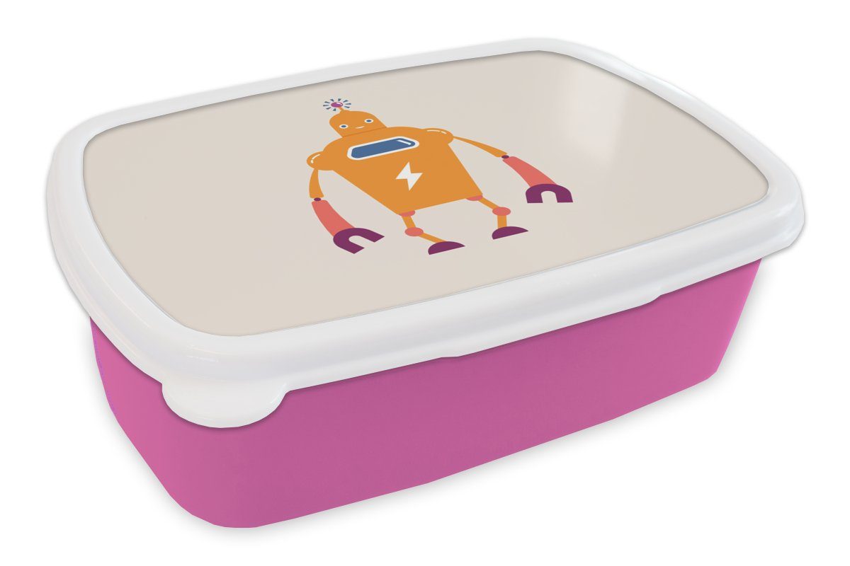 MuchoWow Lunchbox Roboter - Antenne - Orange - Blitzschlag - Junge - Kinder, Kunststoff, (2-tlg), Brotbox für Erwachsene, Brotdose Kinder, Snackbox, Mädchen, Kunststoff rosa