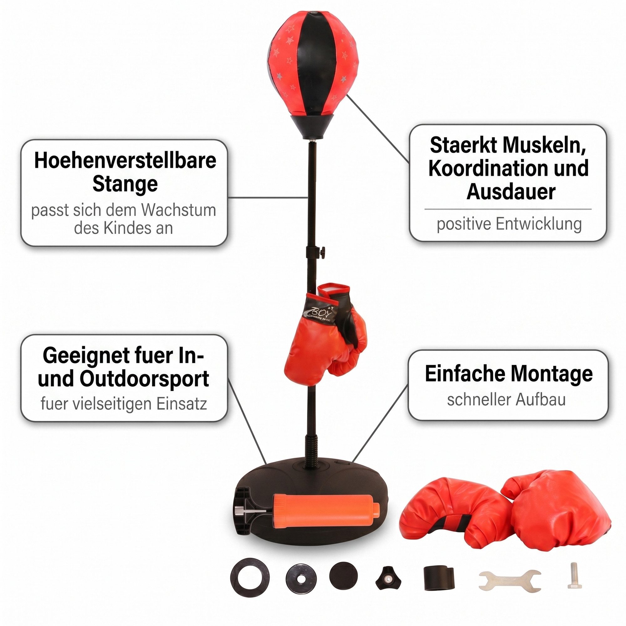 Mucola Standboxball Standboxsack für Kinder – höhenverstellbar, Standfuß & Boxhandschuhen (Trainingsset, 1-tlg., 4-teiliges Set), Höhenverstellbar, federnder Bo – Bild 5 von 5
