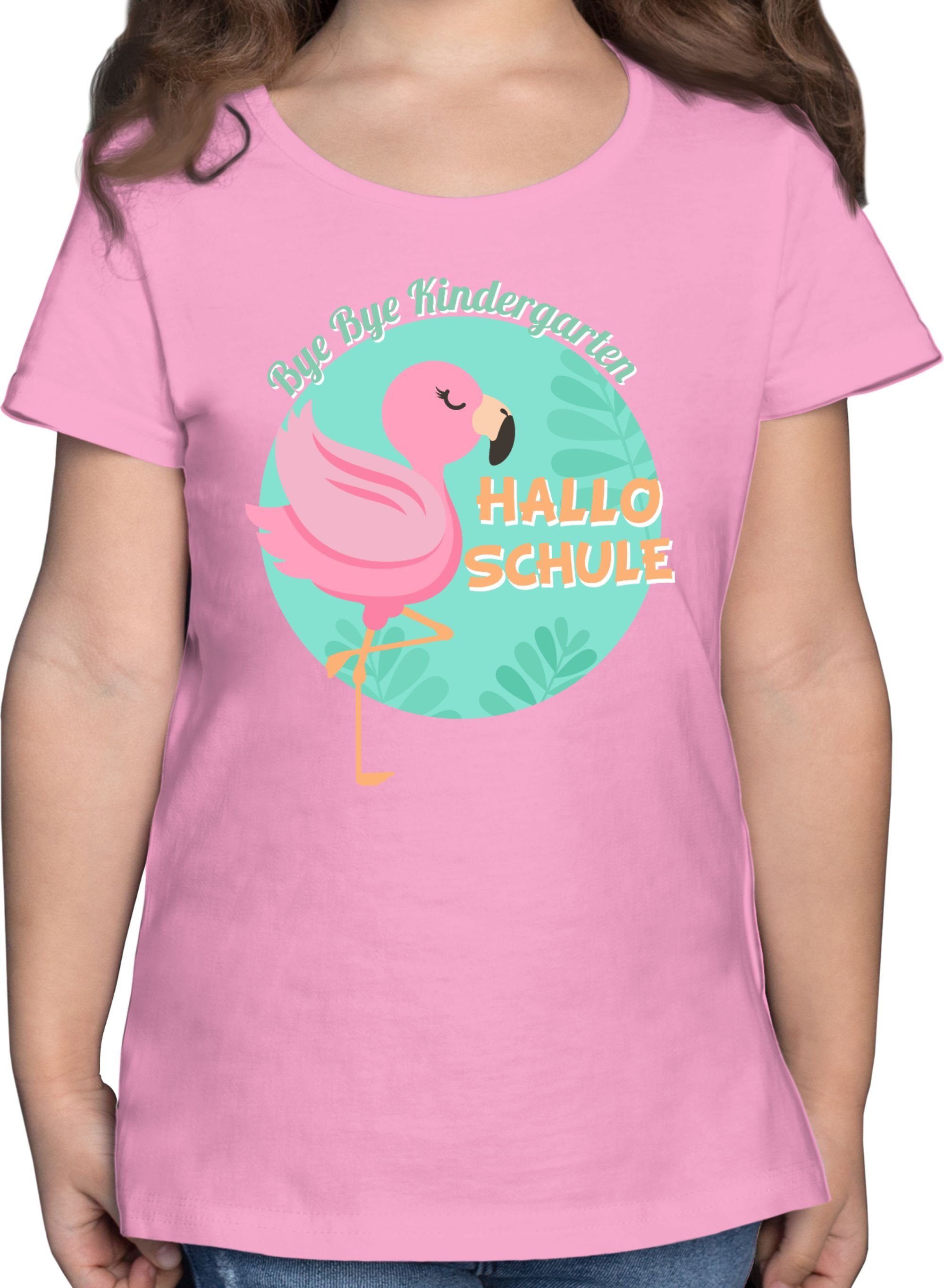 Shirtracer T-Shirt Bye Bye Kindergarten Hallo Schule Flamingo Einschulung Mädchen 2 Rosa